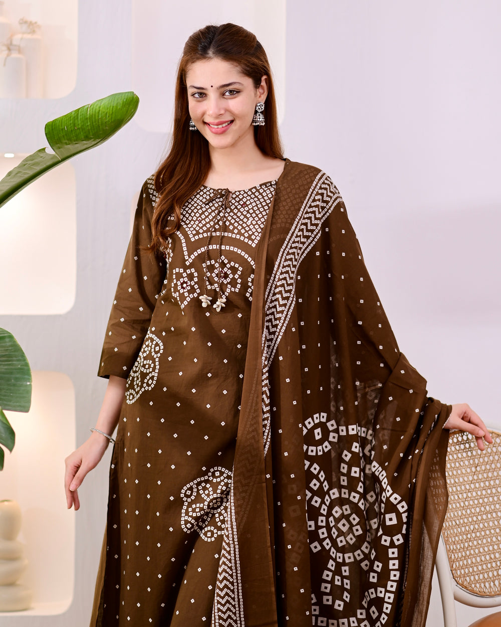 MEERA FAB Women's Pure Bandhej Cotton Straight Kurta Set with Palazzo Pants & Dupatta|Ethnic wear|Kurti Suit Set for Women