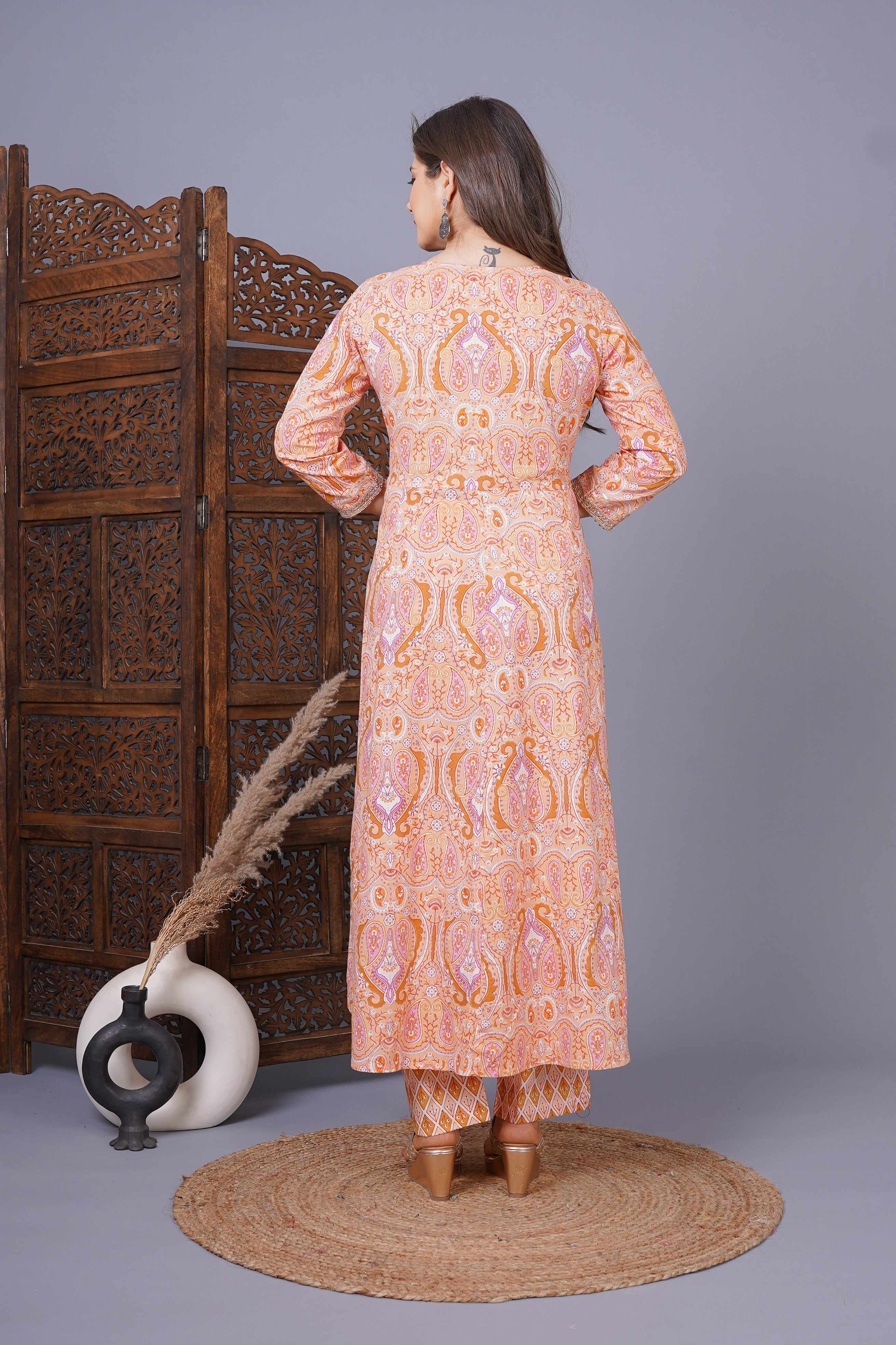 MEERA FAB Women's Cotton Printed Anarkali Kurta With Palazzo & Dupatta Set With Handwork