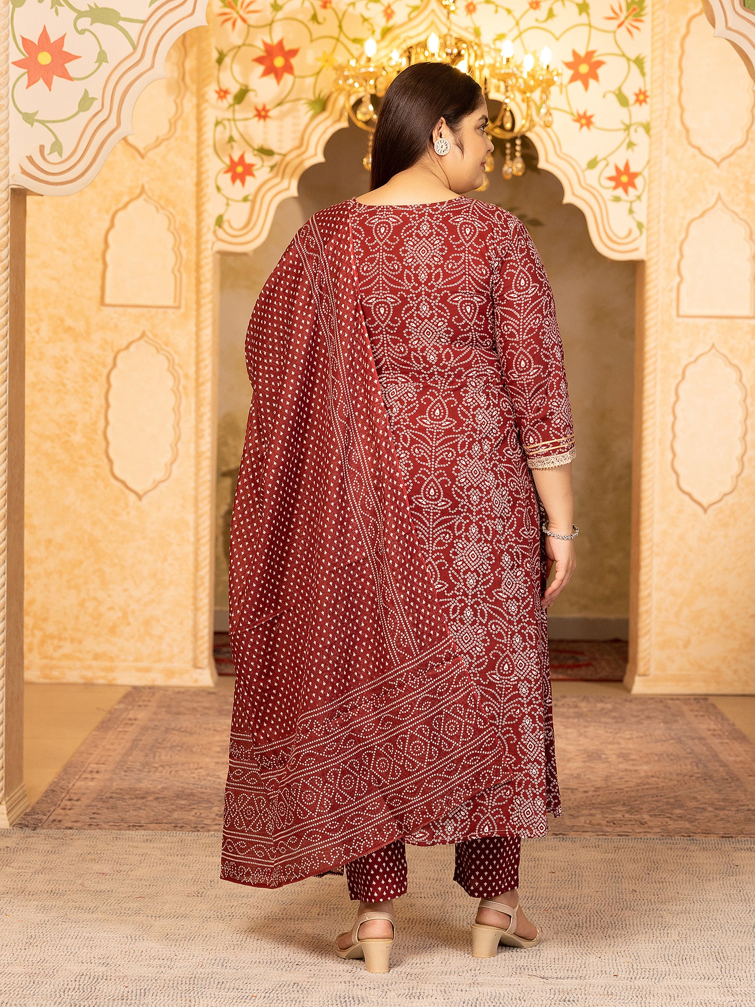 MEERA FAB Plus Size Printed Pure Cotton Anarkali Handwork Kurta with Palazzos & Dupatta