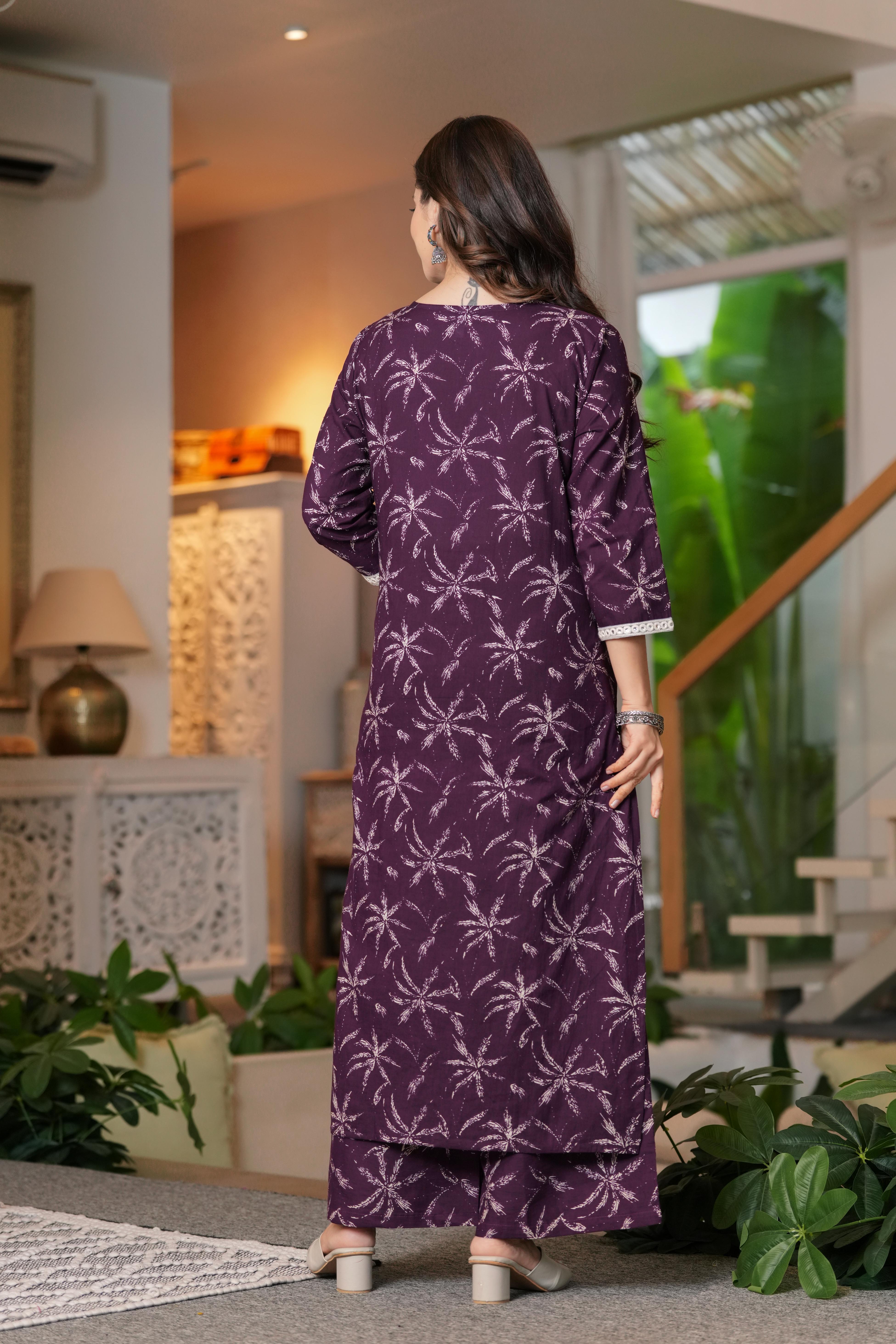 MEERA FAB Women Cotton Printed V-Neck Lace Kurta Palazzo Set