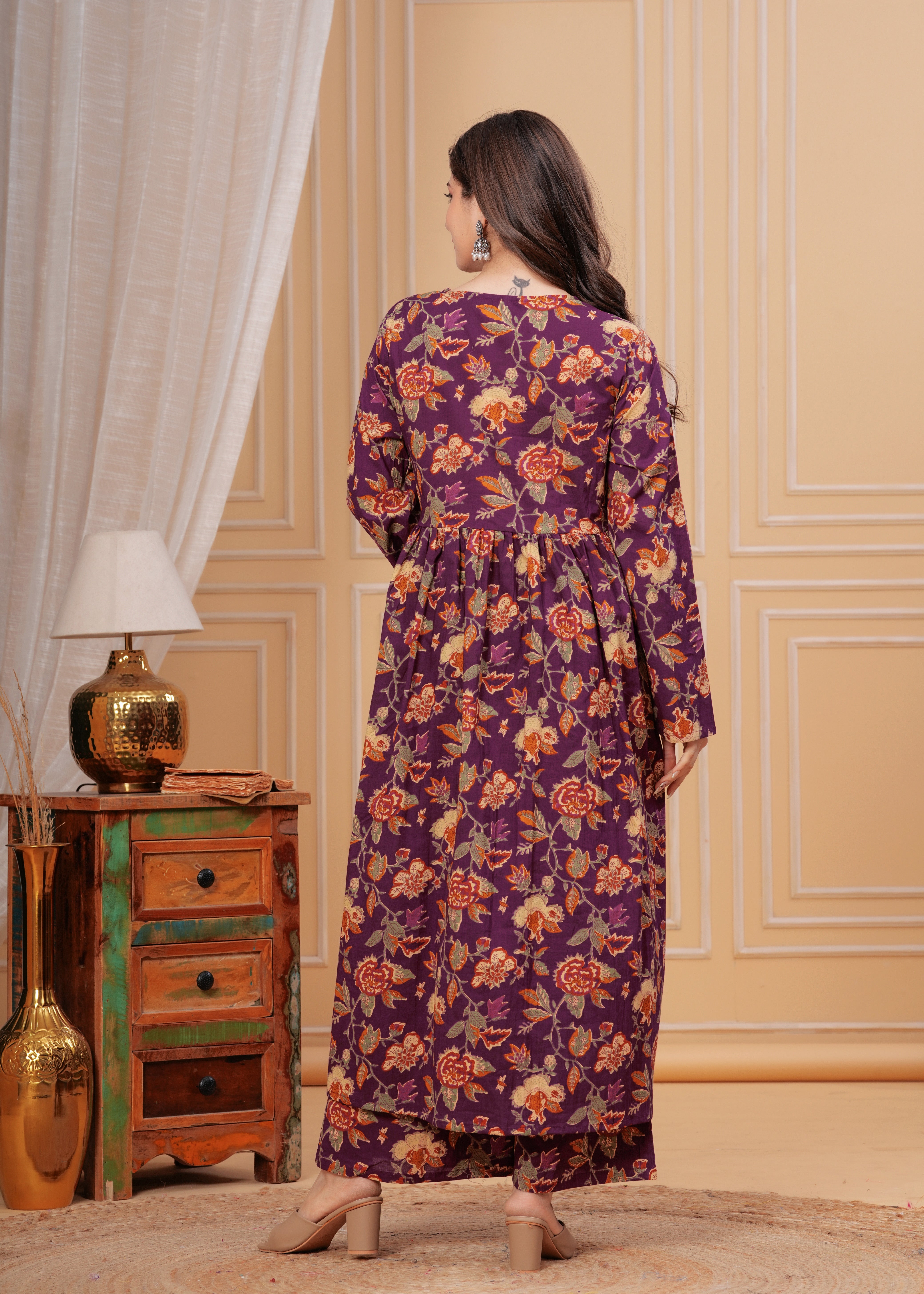 MEERA FAB Women's Cotton Blend V-Neck Anarkali Printed Kurta with Palazzo & Dupatta