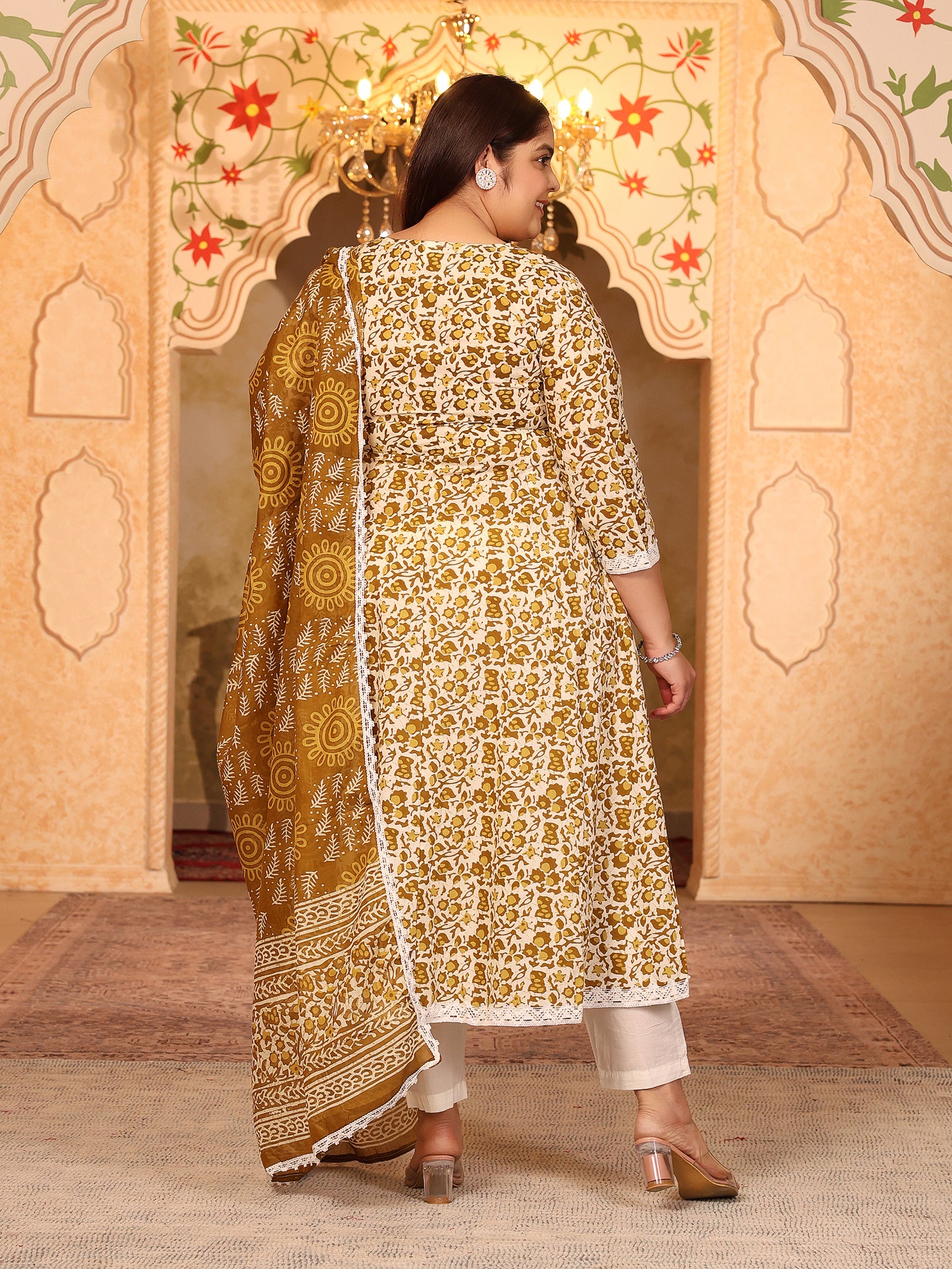 MEERA FAB Women's Pure Cotton Printed Anarkali Kurta with Palazzos & Dupatta