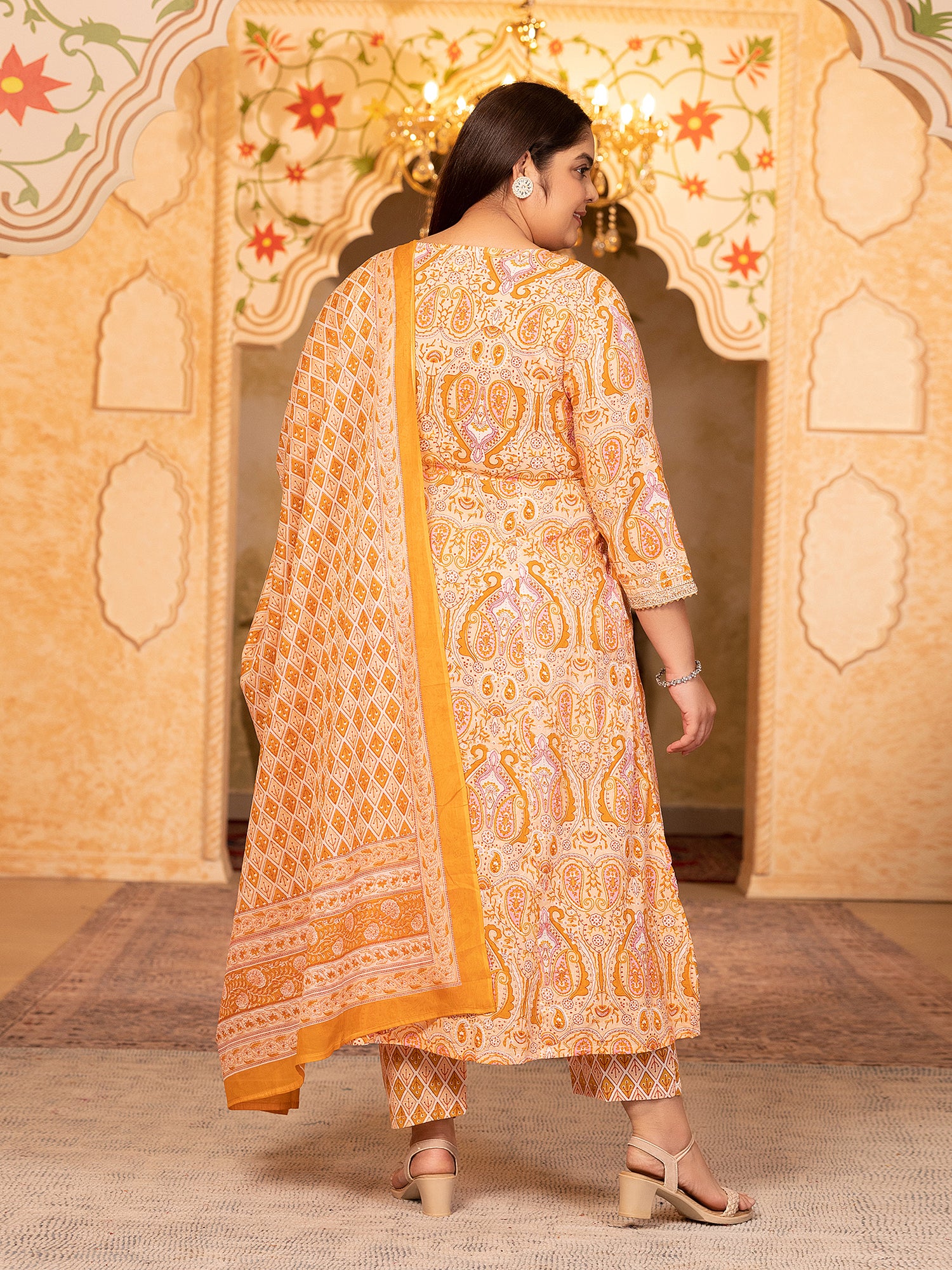 MEERA FAB Plus Size Printed Pure Cotton Anarkali Handwork Kurta with Palazzos & Dupatta