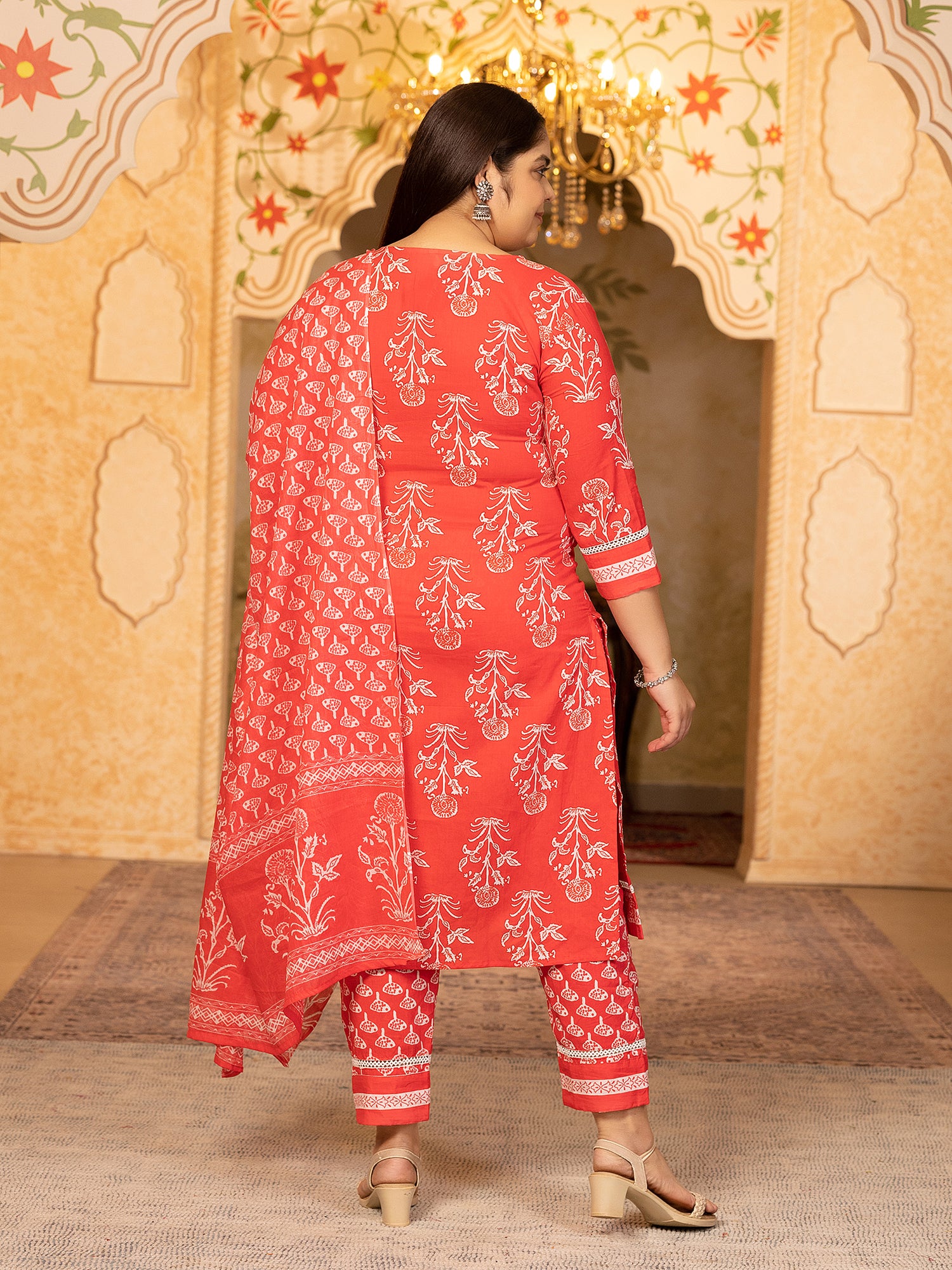 MEERA FAB Plus Size Women's Cotton Blend Straight Printed Kurta with Palazzo & Dupatta