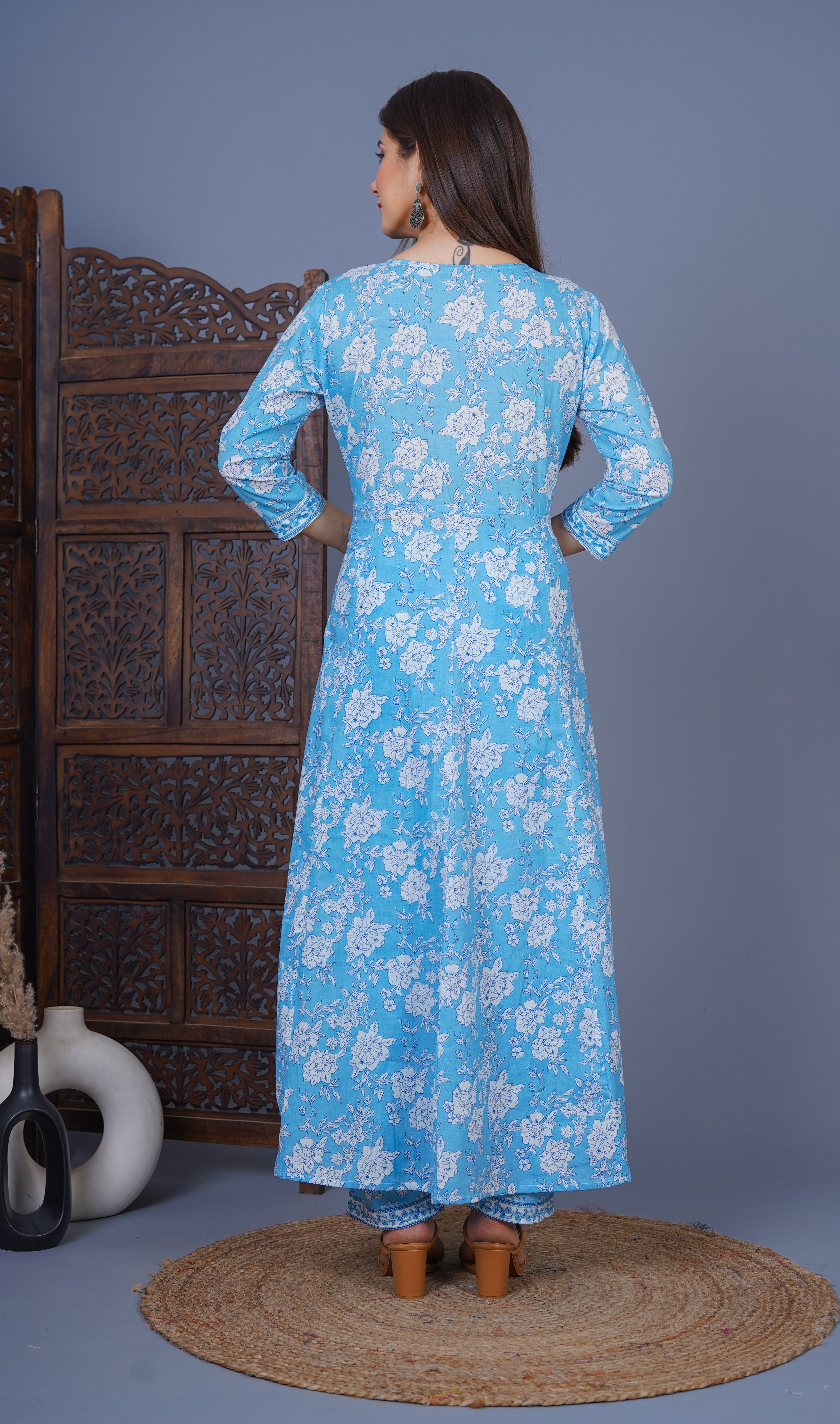 MEERA FAB Women's Cotton Printed Embrodriery Anarkali Kurta With Palazzo & Dupatta Set