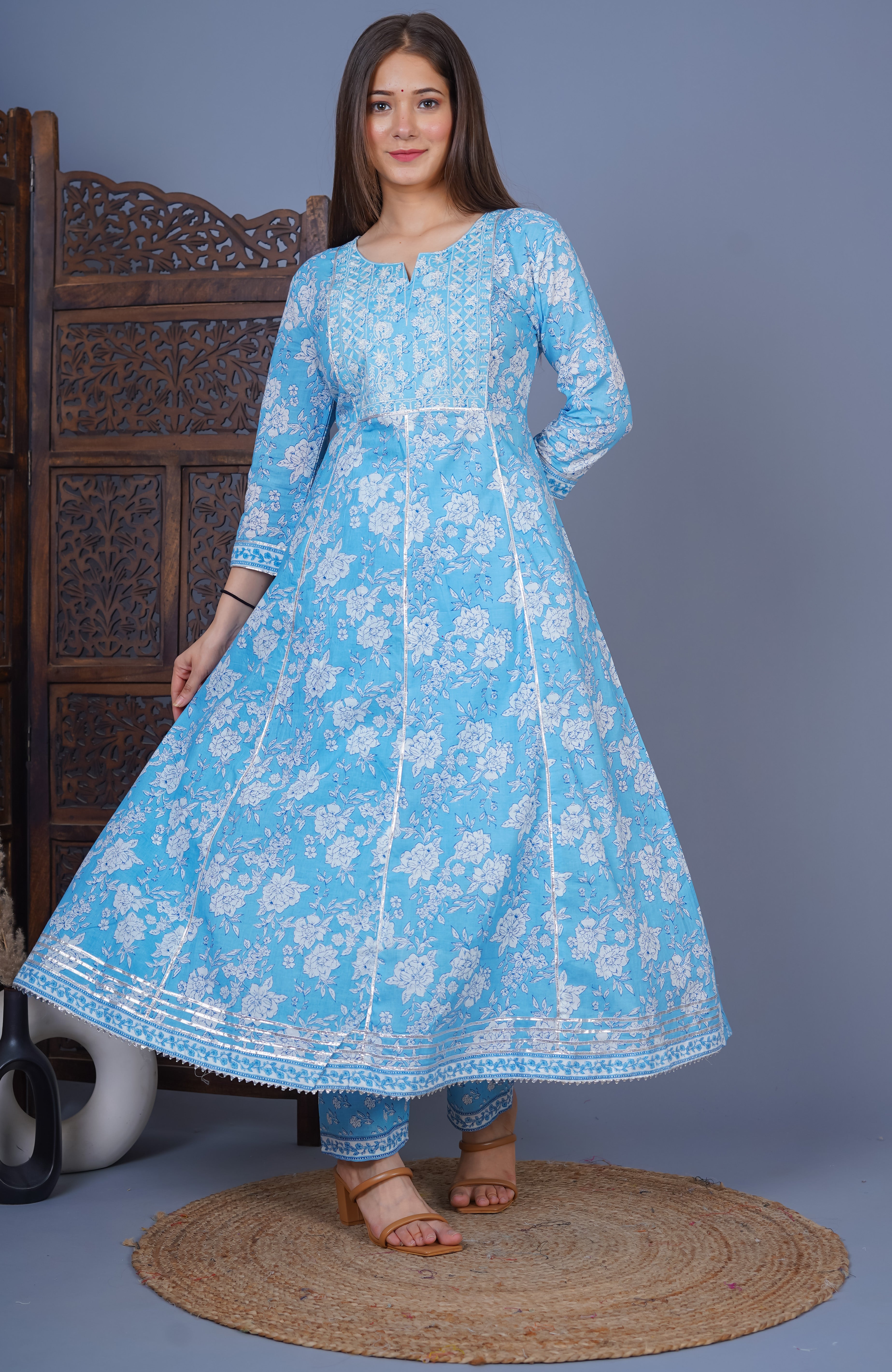 MEERA FAB Women's Cotton Printed Embrodriery Anarkali Kurta With Palazzo & Dupatta Set