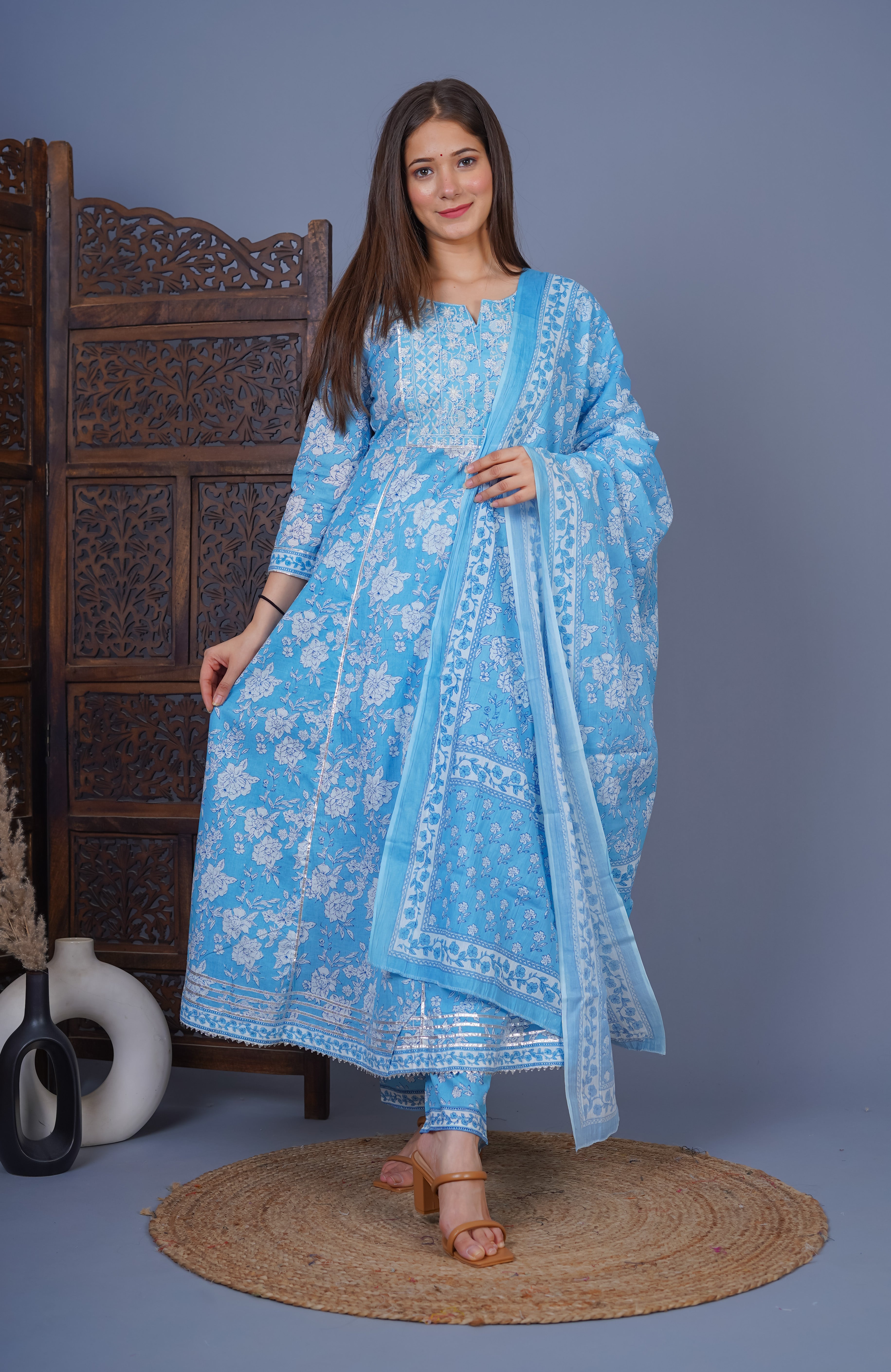 MEERA FAB Women's Cotton Printed Embrodriery Anarkali Kurta With Palazzo & Dupatta Set