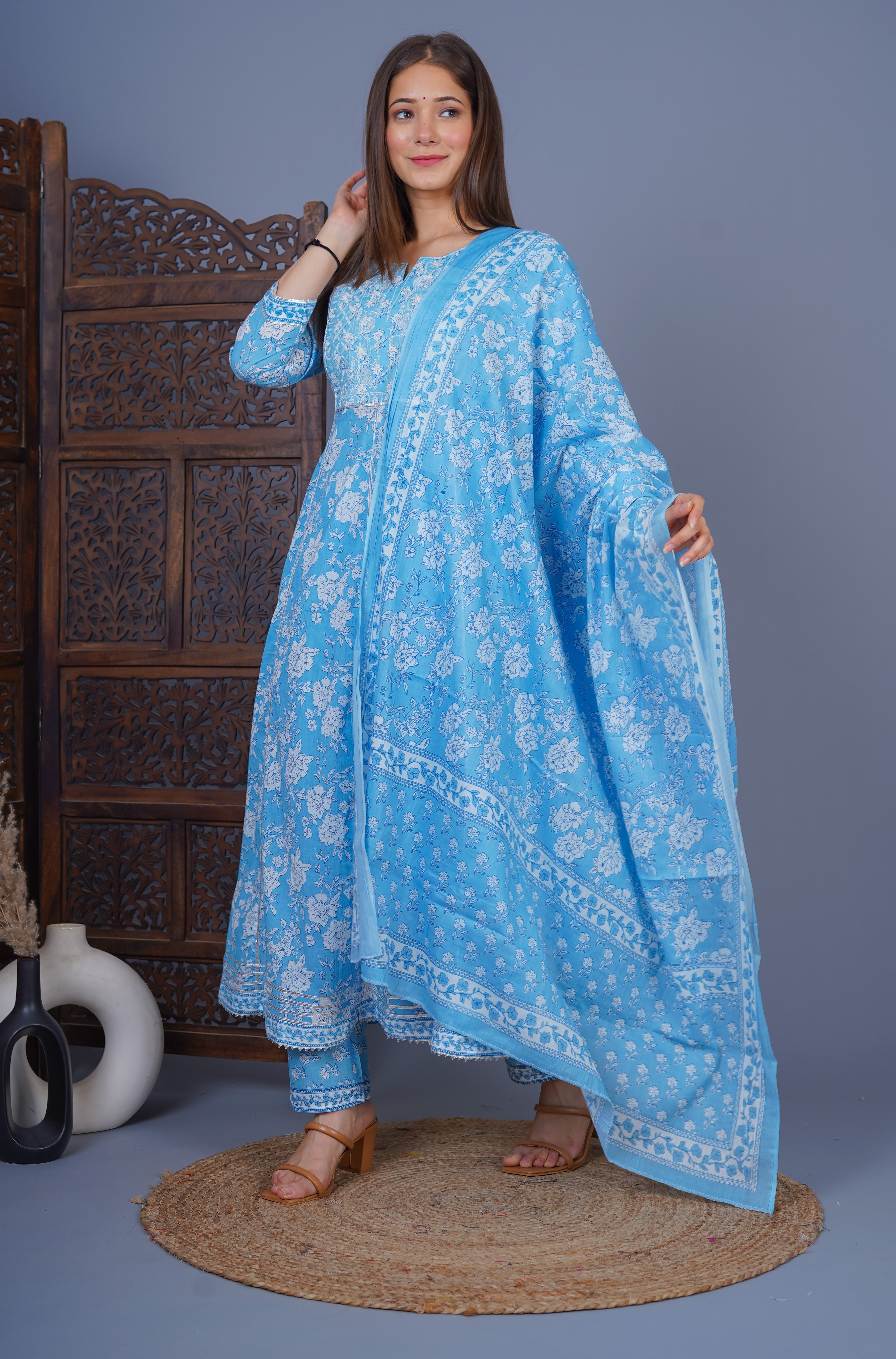 MEERA FAB Women's Cotton Printed Embrodriery Anarkali Kurta With Palazzo & Dupatta Set