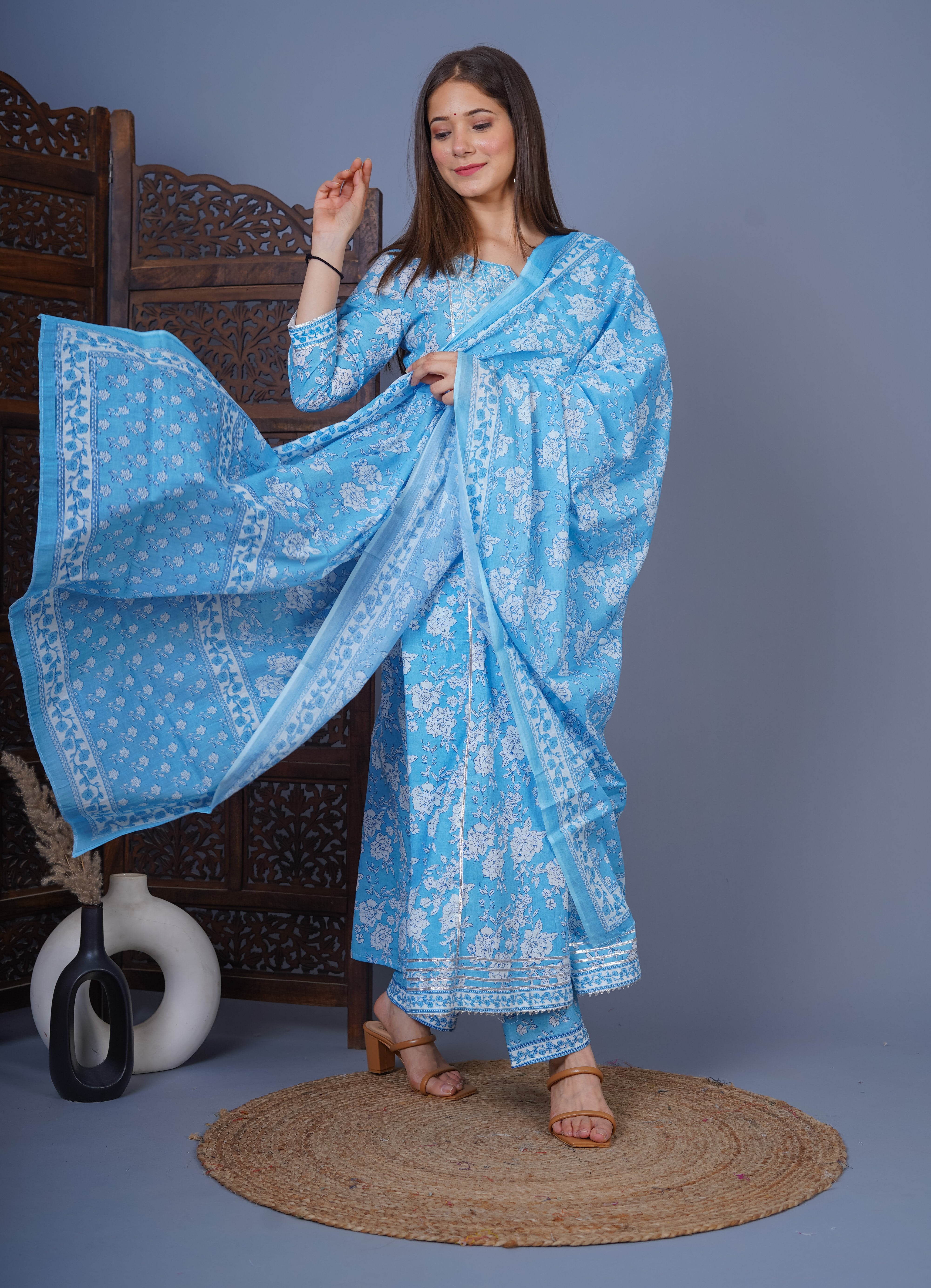 MEERA FAB Women's Cotton Printed Embrodriery Anarkali Kurta With Palazzo & Dupatta Set