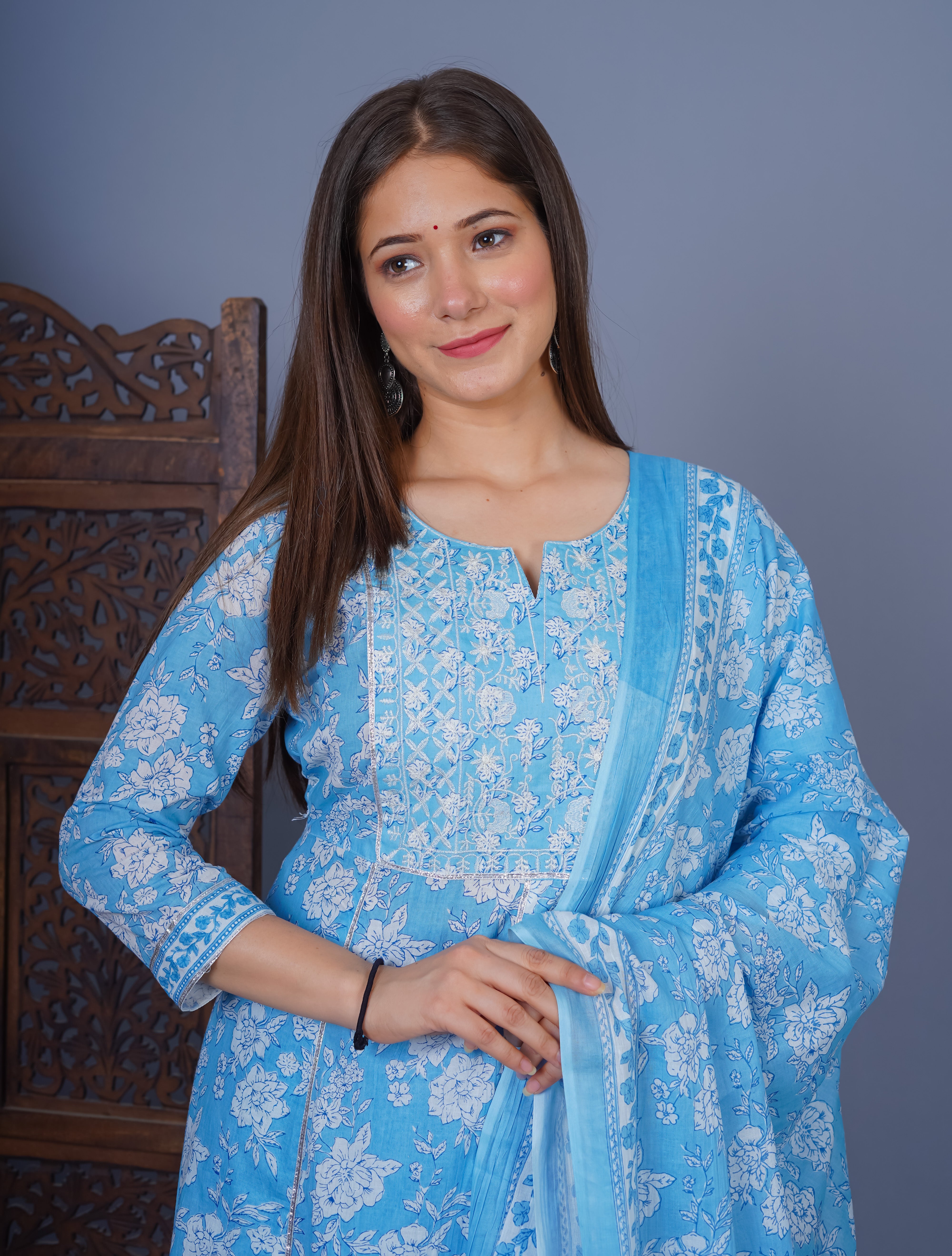 MEERA FAB Women's Cotton Printed Embrodriery Anarkali Kurta With Palazzo & Dupatta Set