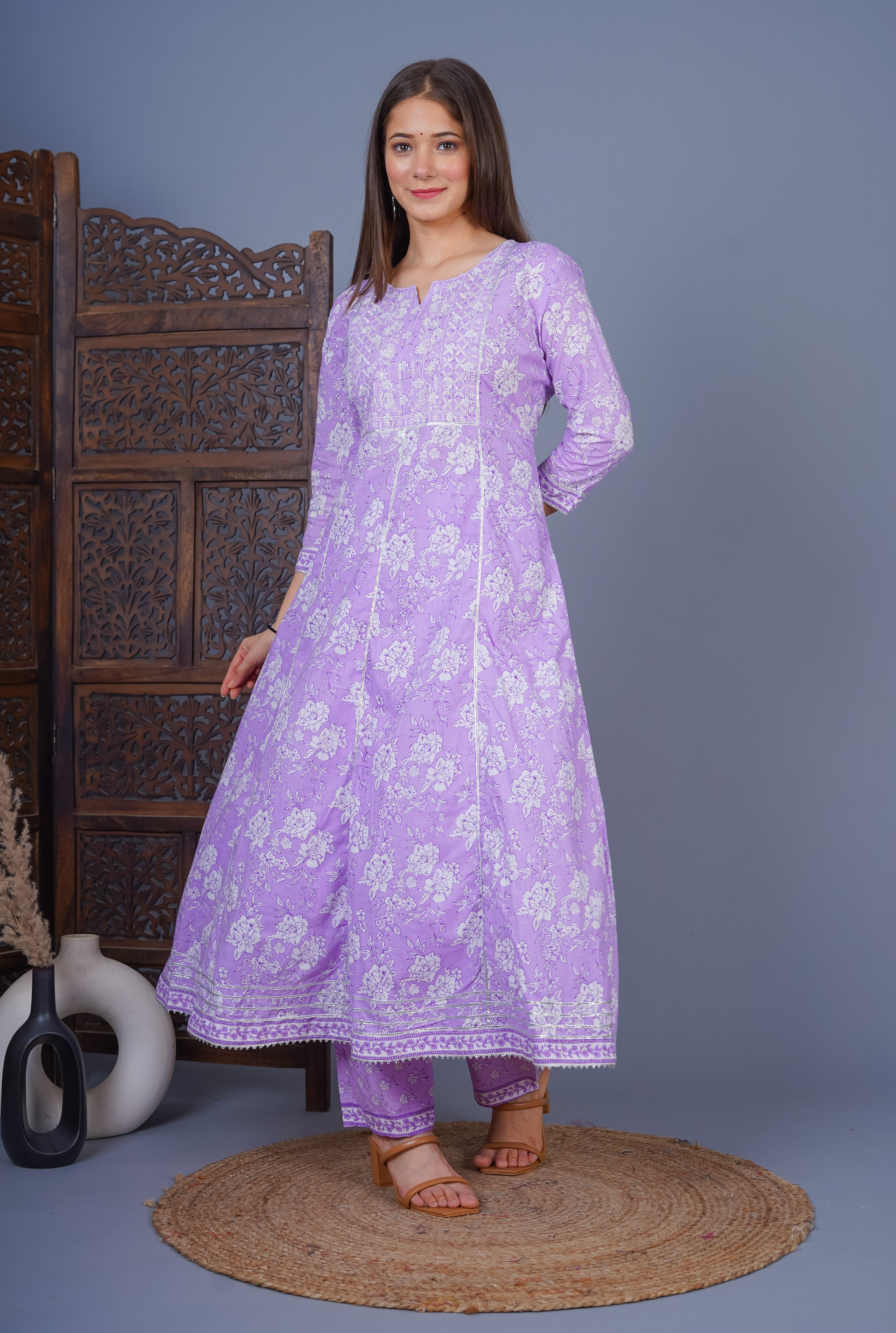MEERA FAB Women's Cotton Printed Embrodriery Anarkali Kurta With Palazzo & Dupatta Set