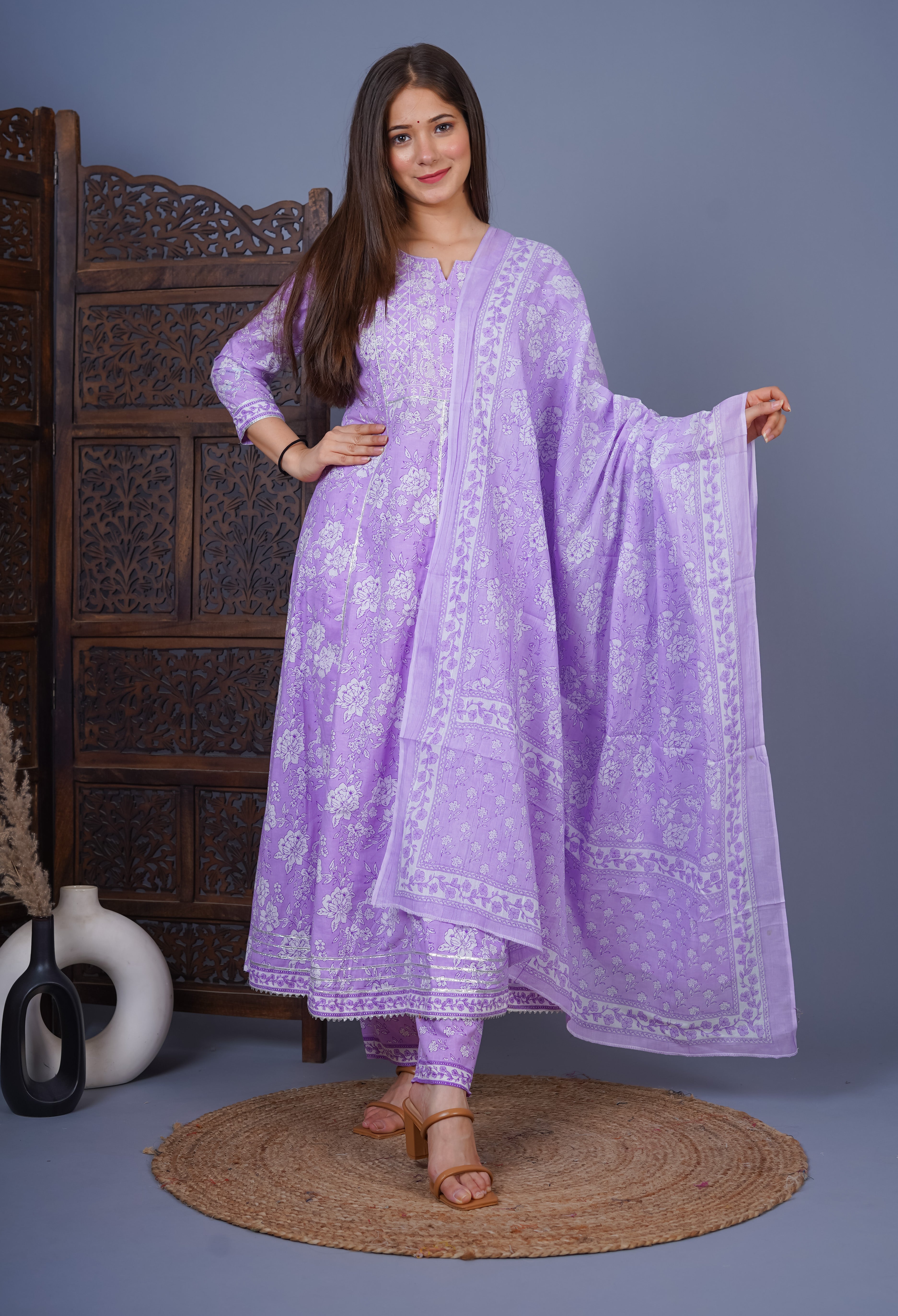 MEERA FAB Women's Cotton Printed Embrodriery Anarkali Kurta With Palazzo & Dupatta Set