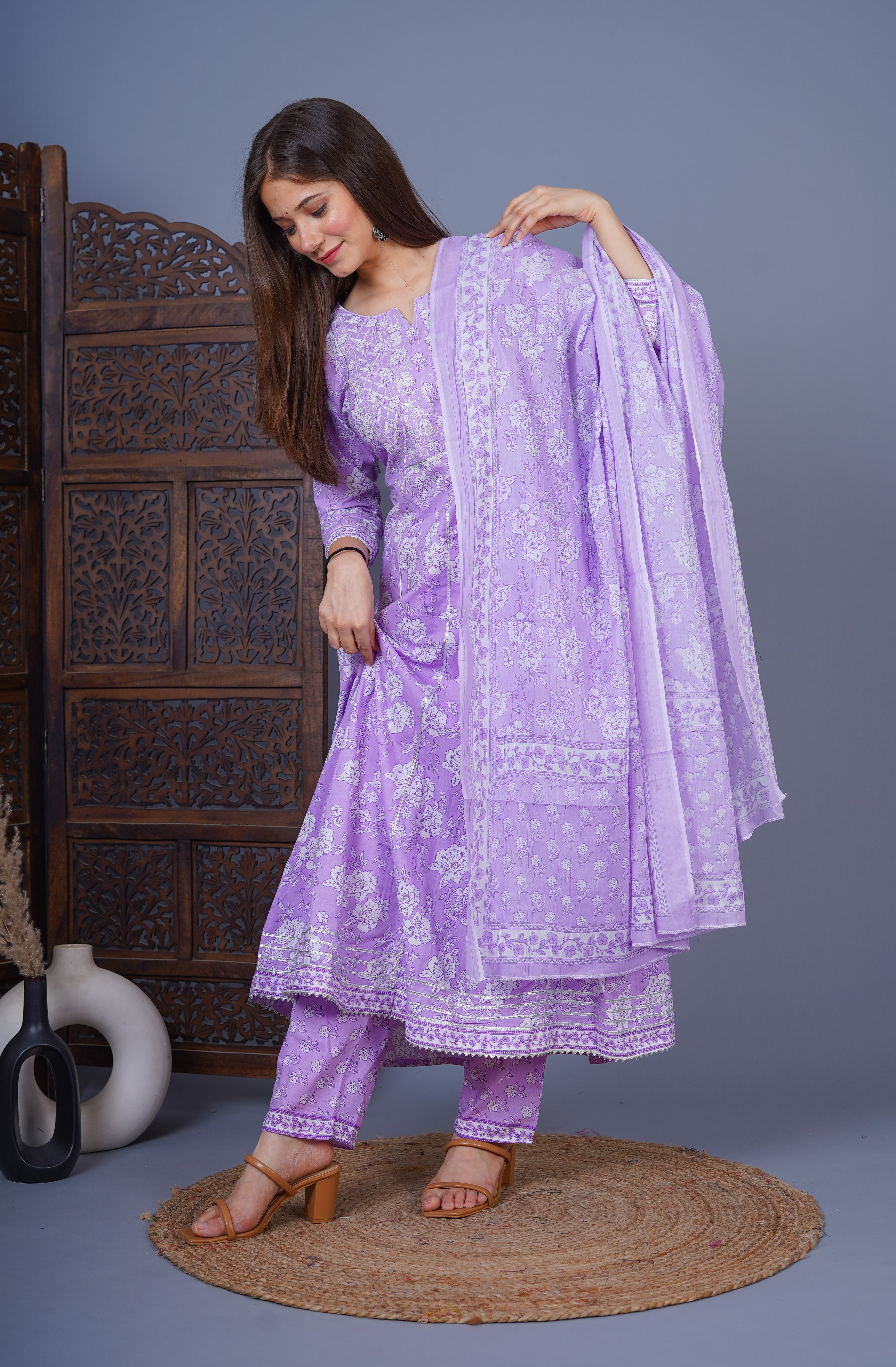 MEERA FAB Women's Cotton Printed Embrodriery Anarkali Kurta With Palazzo & Dupatta Set