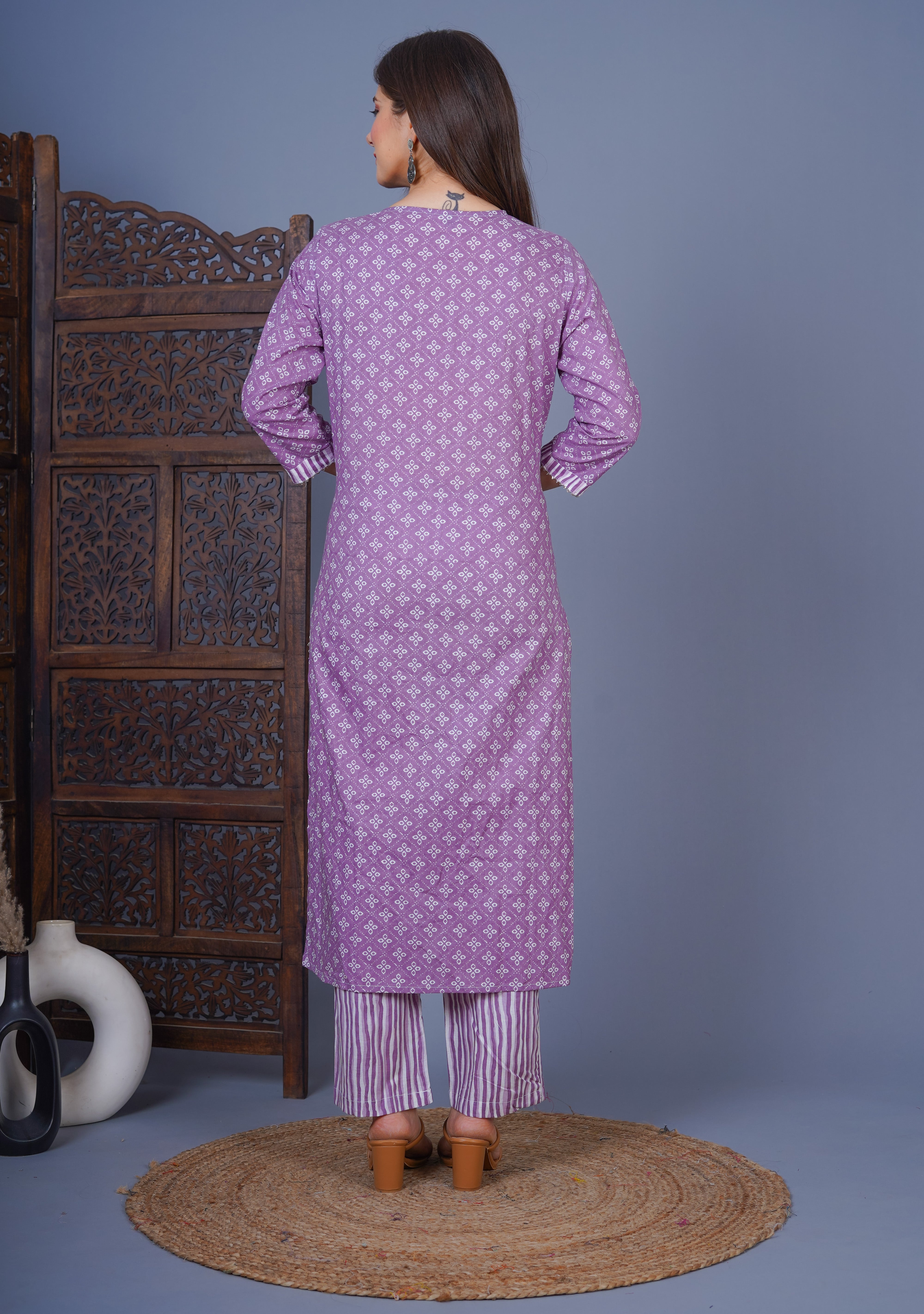 MEERA FAB Women's Cotton Printed Straight Kurta with Palazzo & Dupatta Set with Handwork