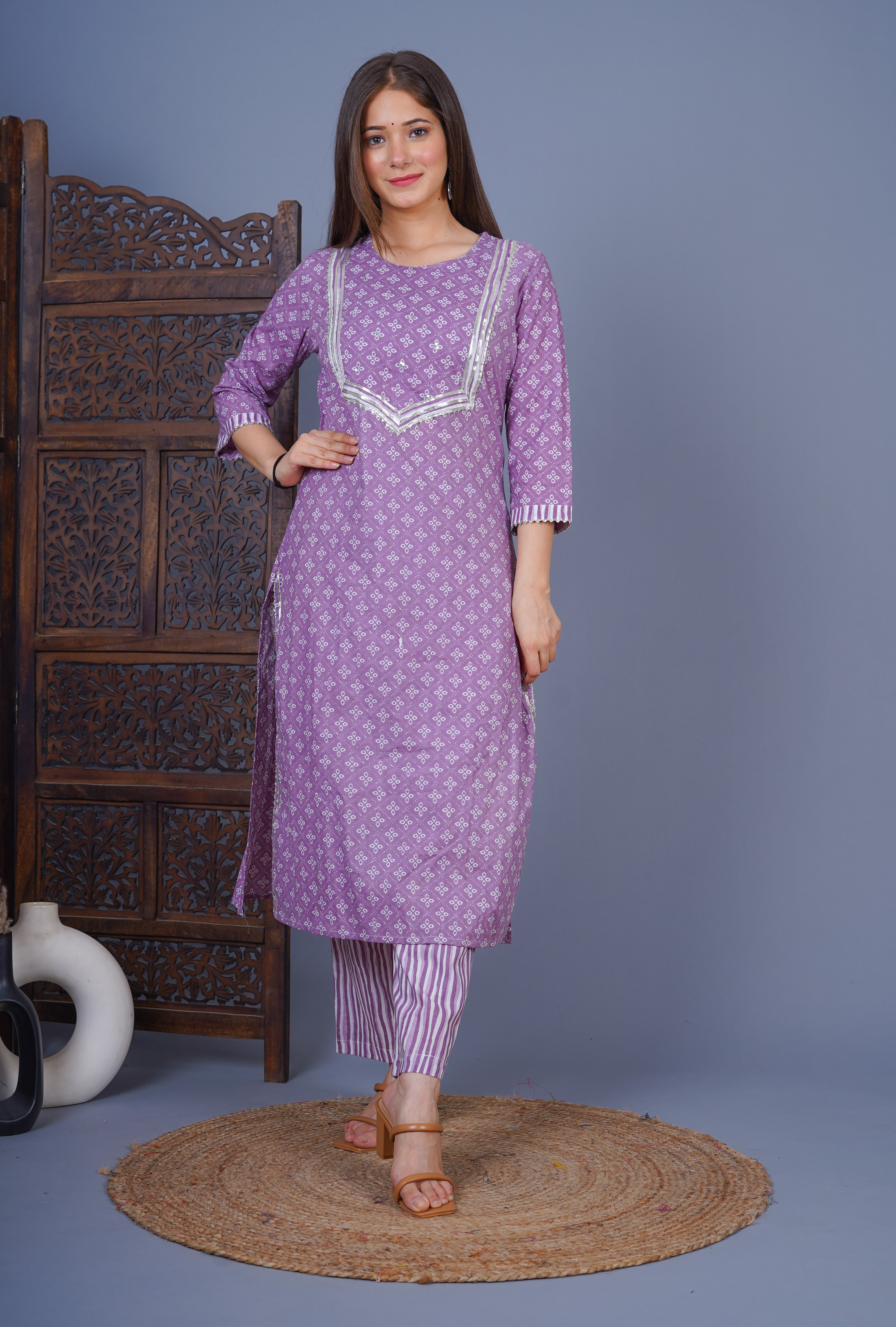 MEERA FAB Women's Cotton Printed Straight Kurta with Palazzo & Dupatta Set with Handwork