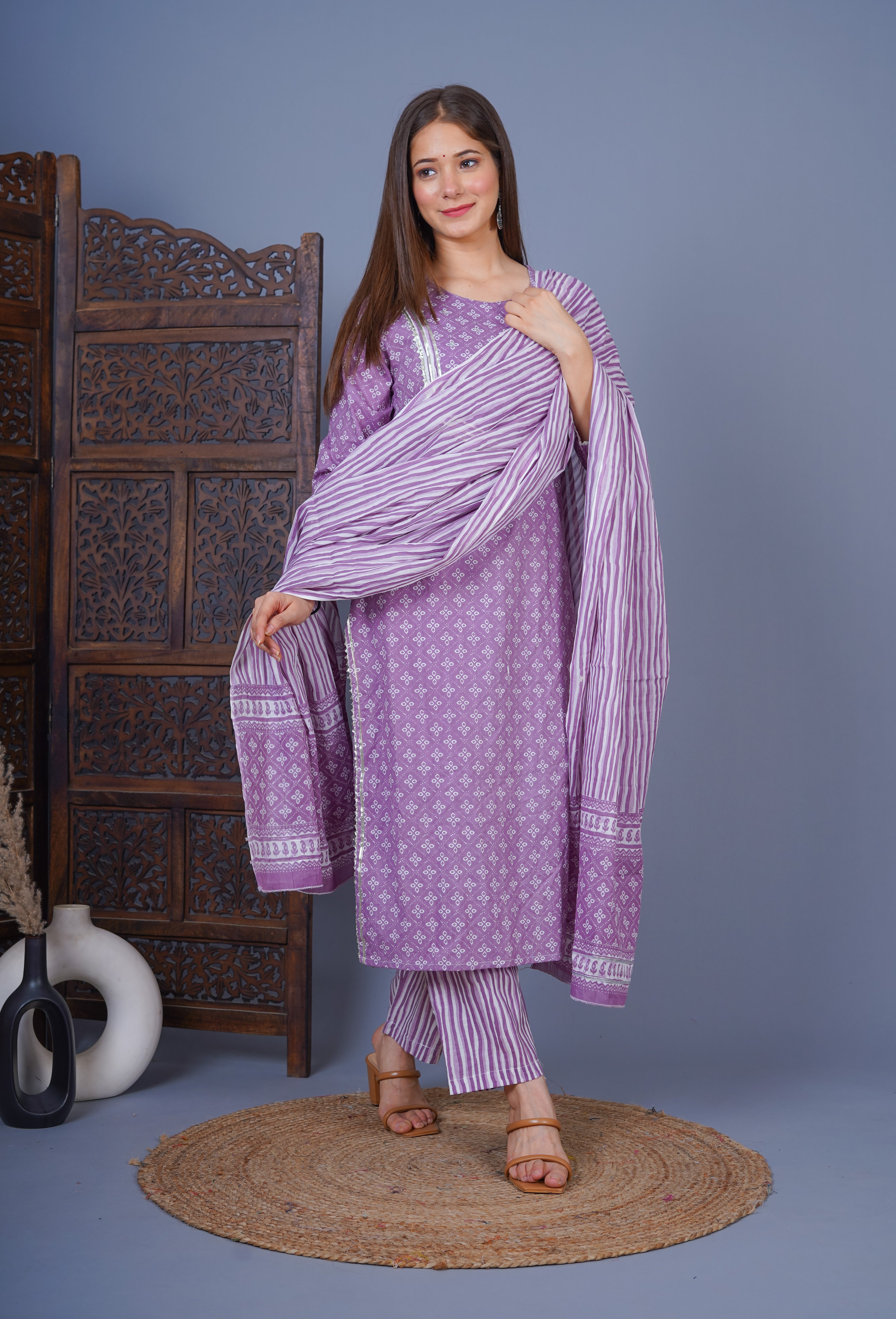 MEERA FAB Women's Cotton Printed Straight Kurta with Palazzo & Dupatta Set with Handwork