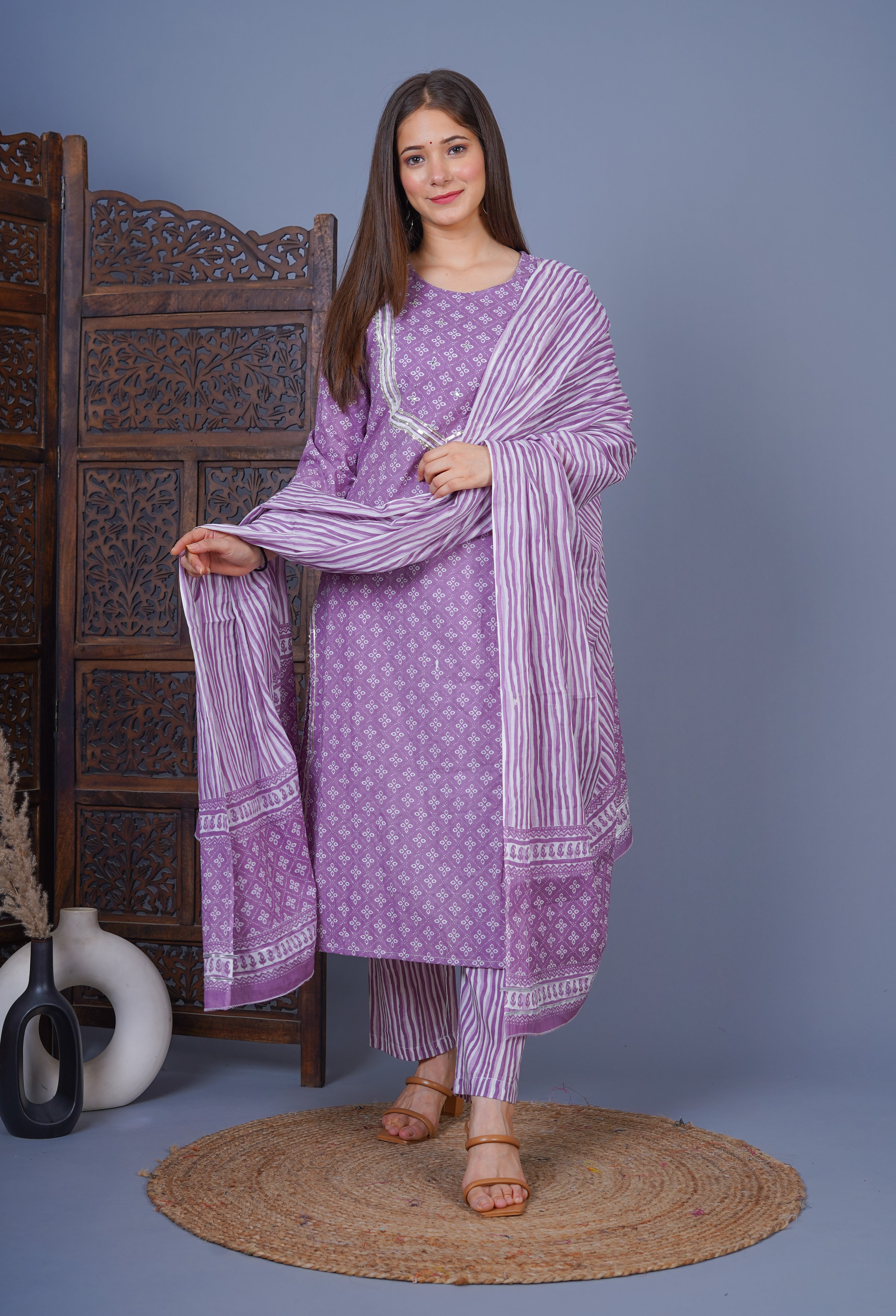 MEERA FAB Women's Cotton Printed Straight Kurta with Palazzo & Dupatta Set with Handwork