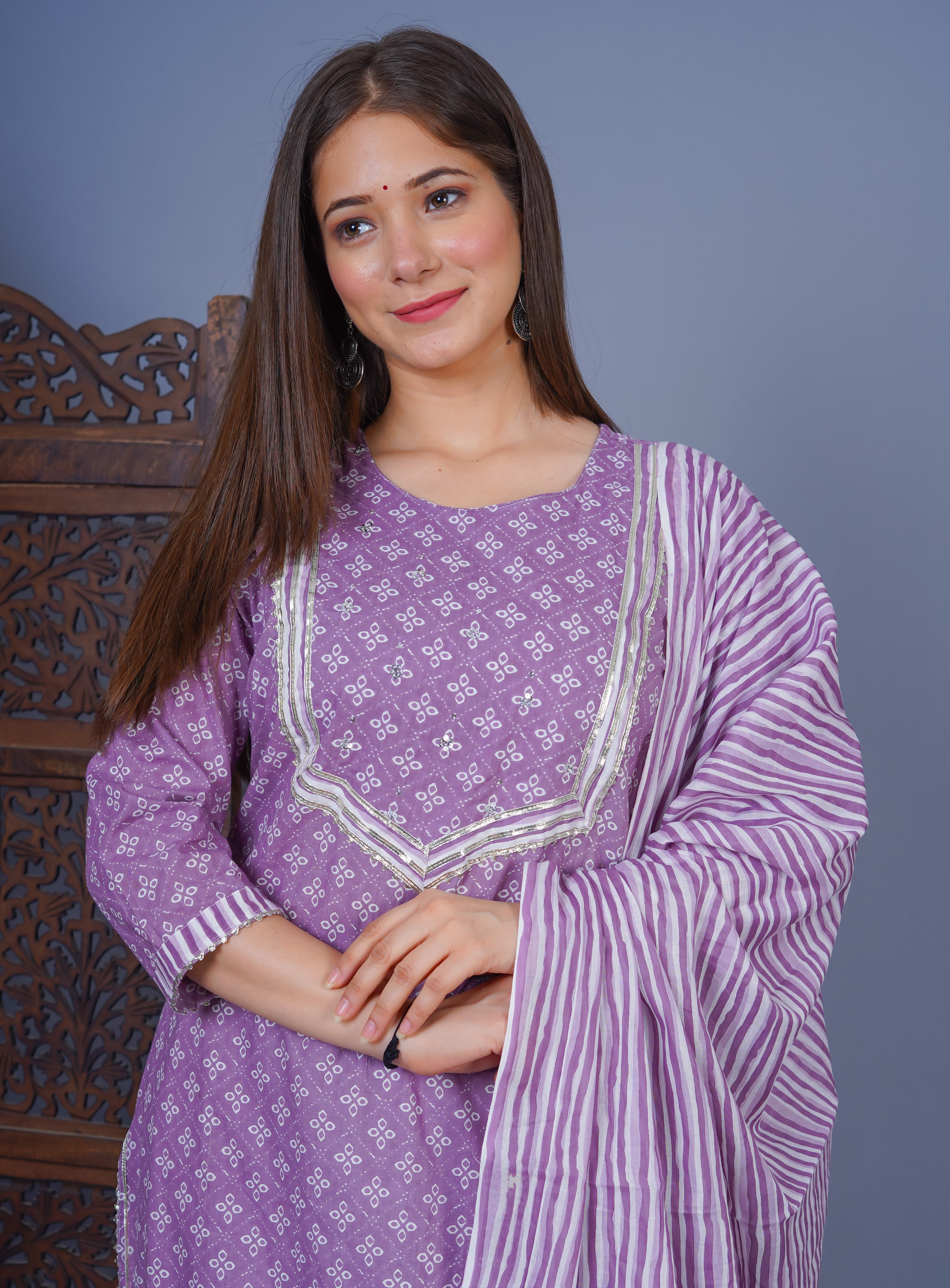 MEERA FAB Women's Cotton Printed Straight Kurta with Palazzo & Dupatta Set with Handwork