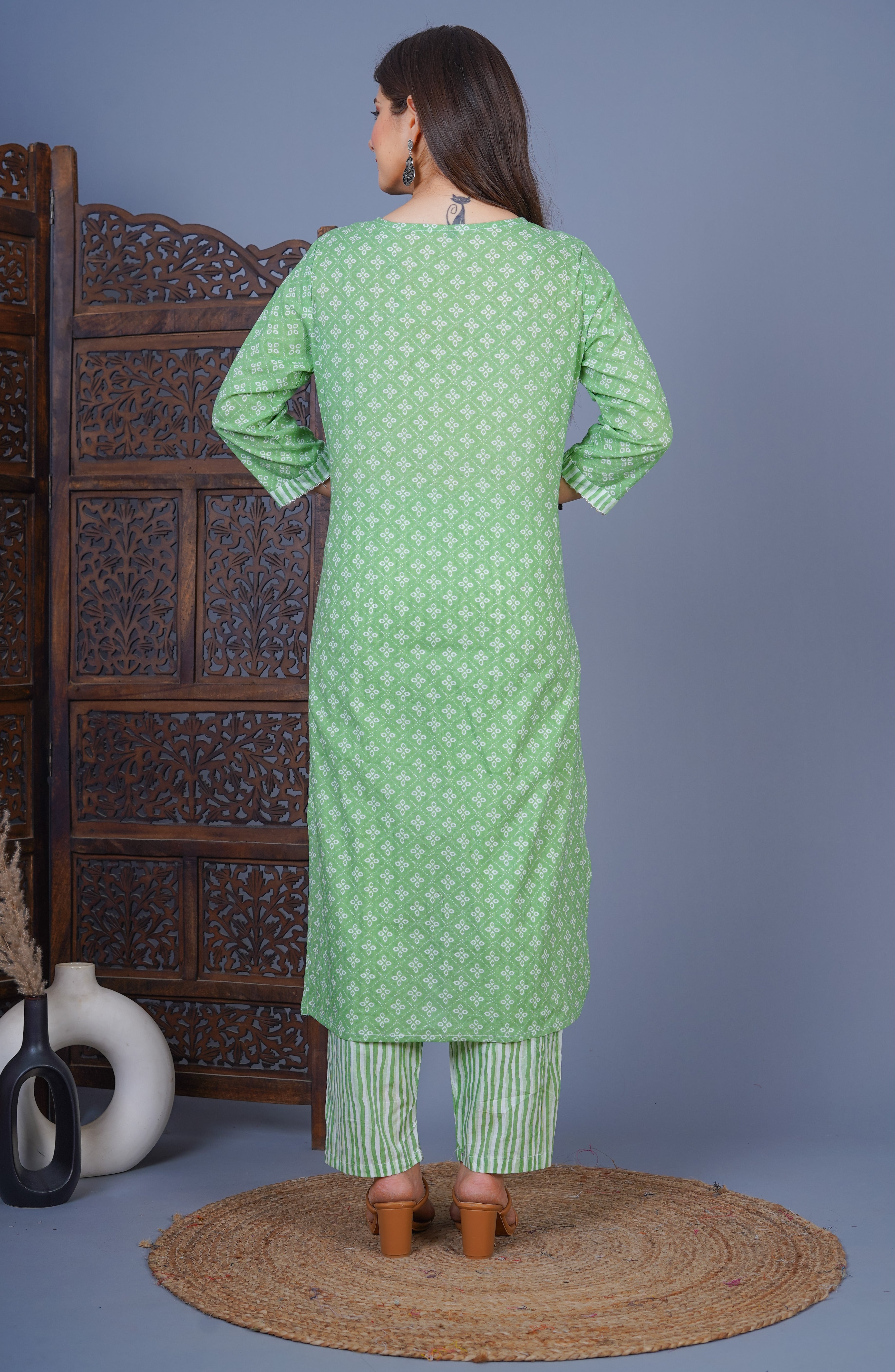 MEERA FAB Women's Cotton Printed Straight Kurta with Palazzo & Dupatta Set with Handwork