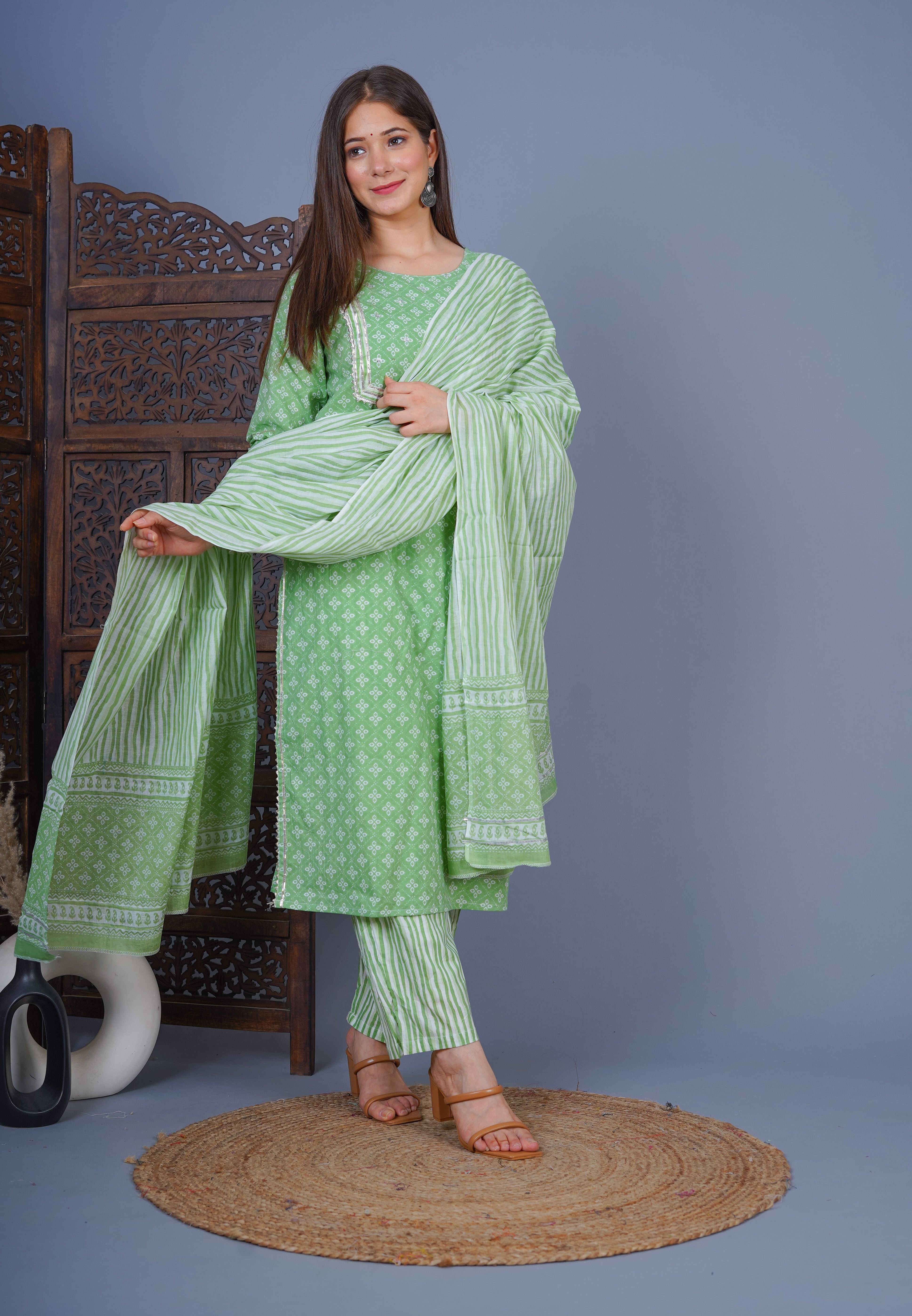 MEERA FAB Women's Cotton Printed Straight Kurta with Palazzo & Dupatta Set with Handwork