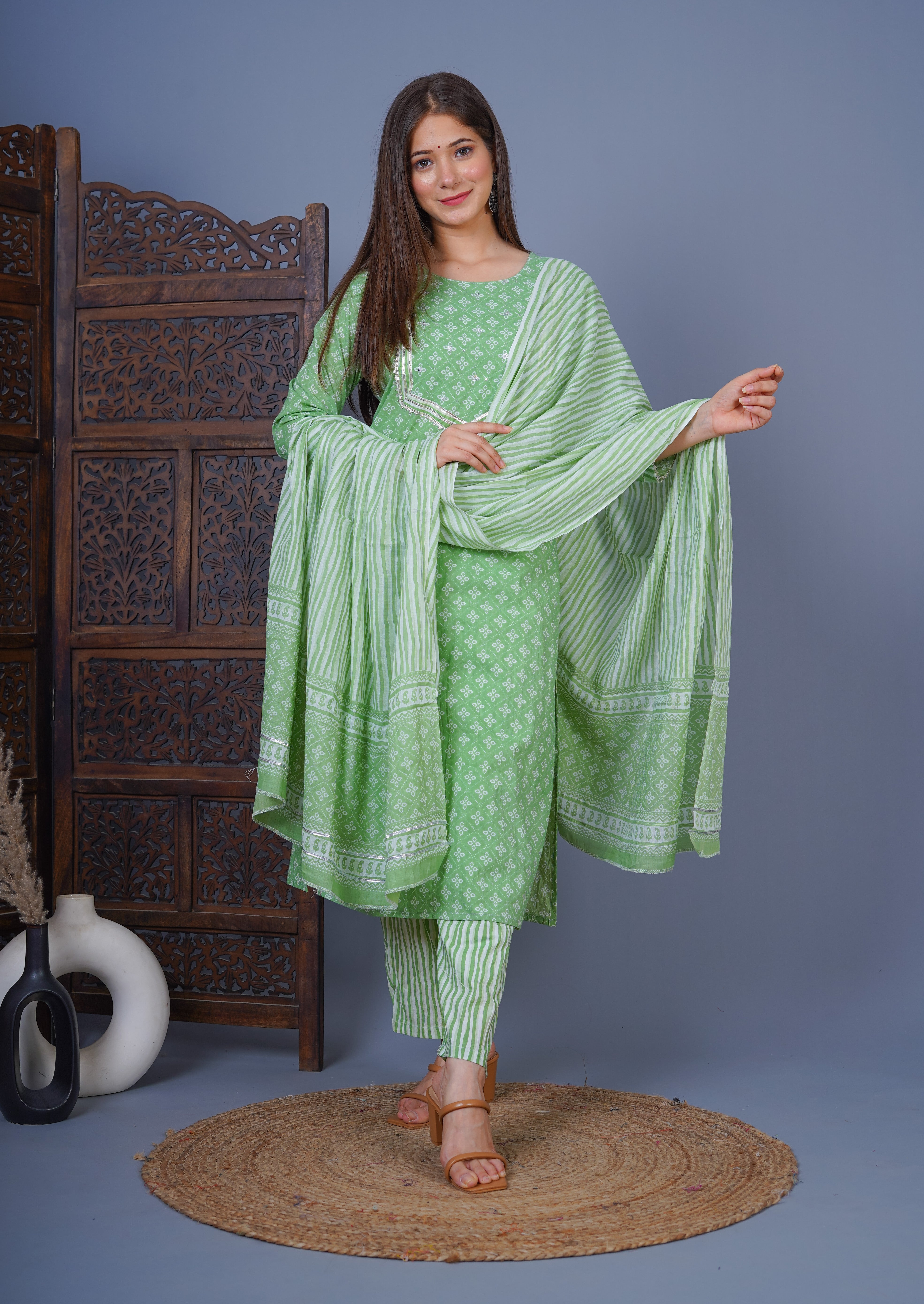 MEERA FAB Women's Cotton Printed Straight Kurta with Palazzo & Dupatta Set with Handwork