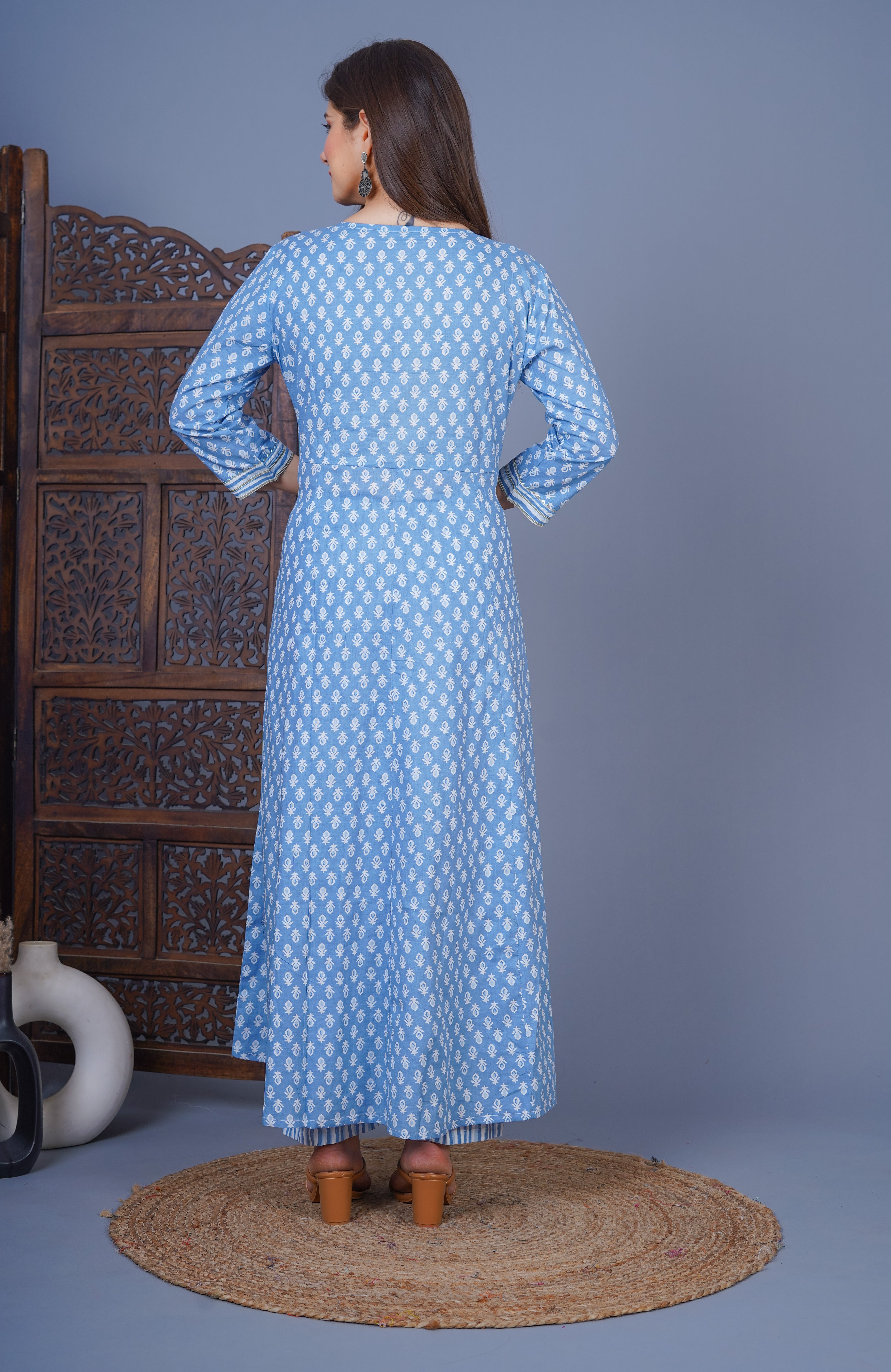 MEERA FAB Women's Cotton Printed Anarkali Kurta With Palazzo & Dupatta Set With Handwork