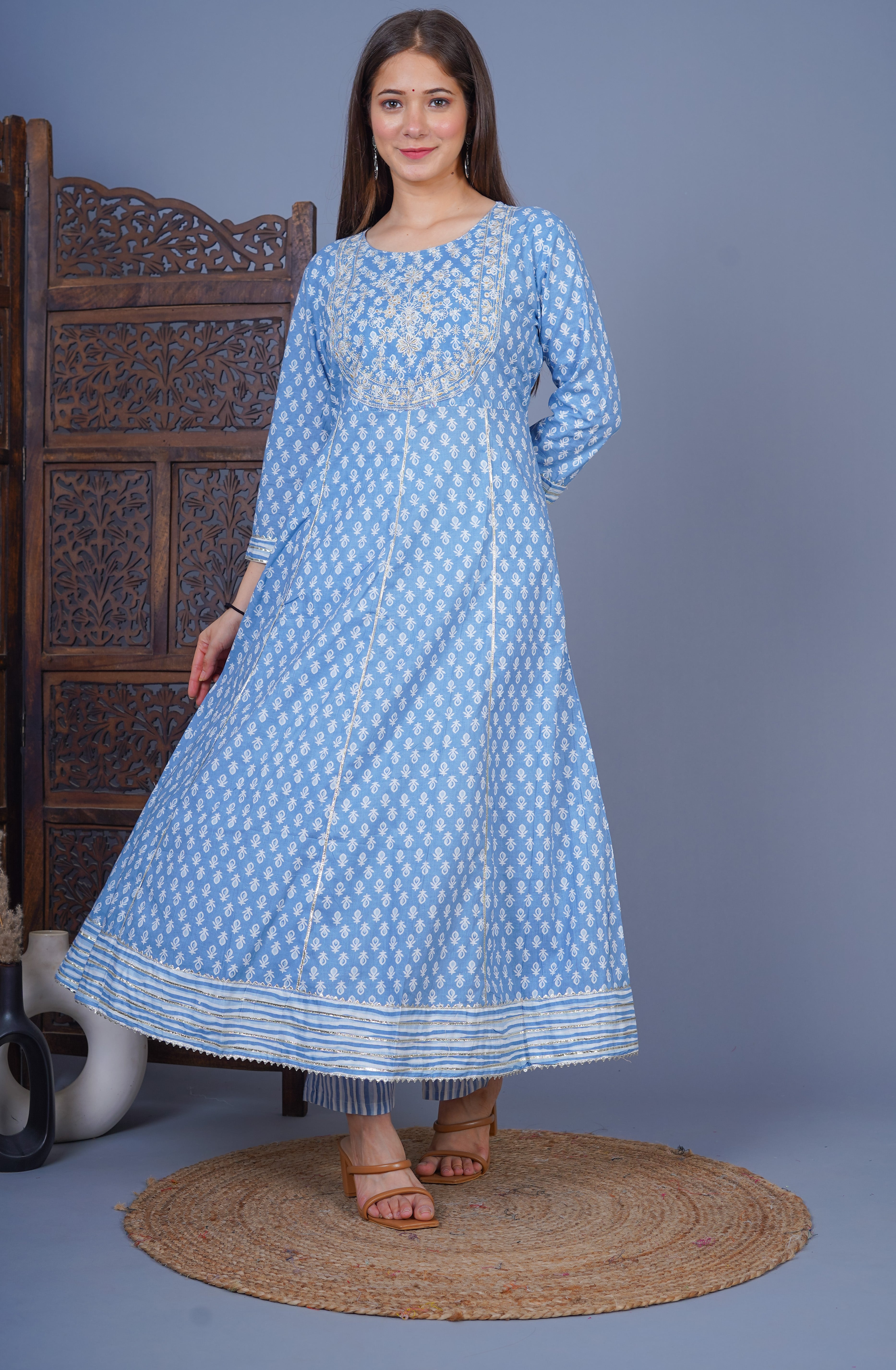 MEERA FAB Women's Cotton Printed Anarkali Kurta With Palazzo & Dupatta Set With Handwork