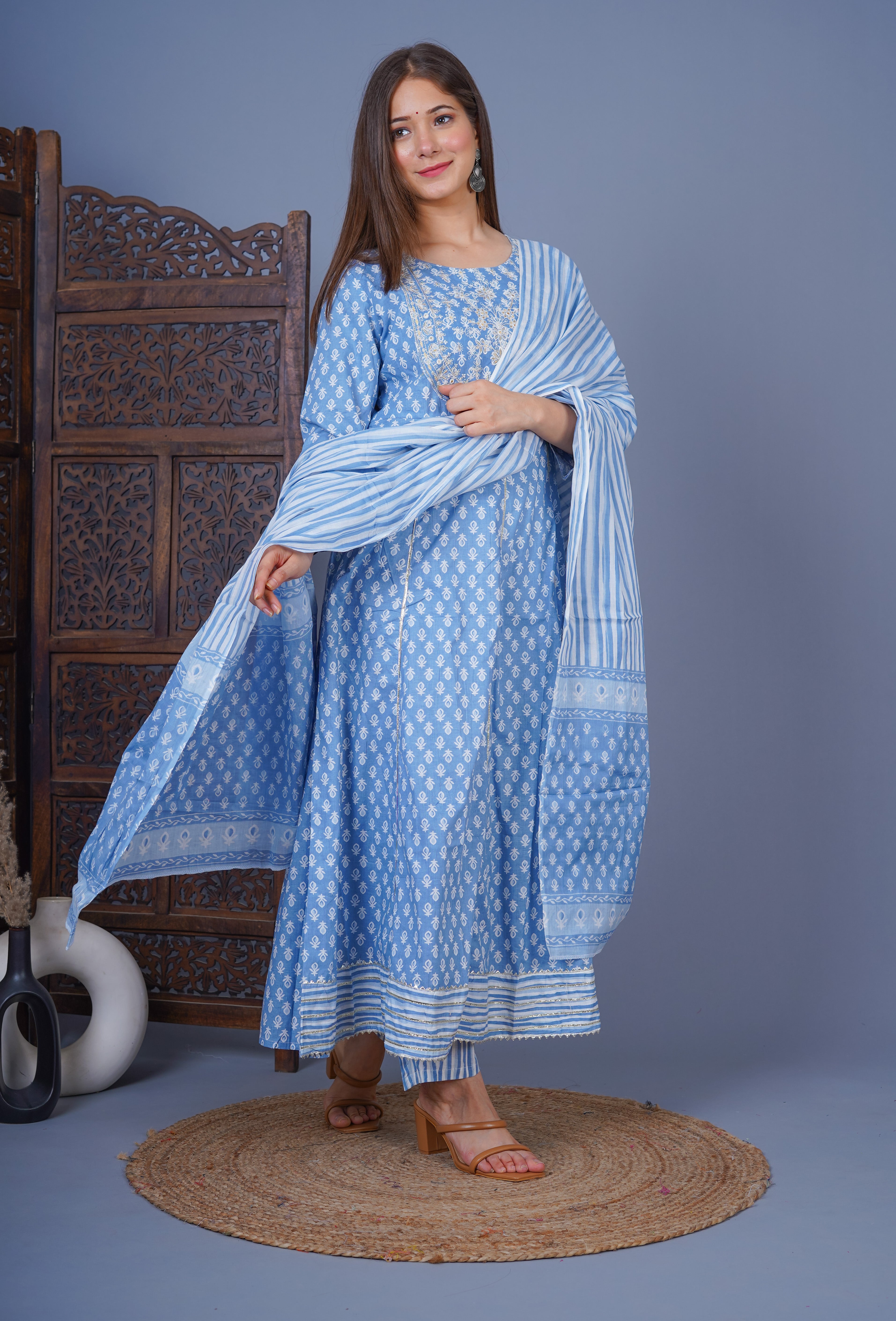 MEERA FAB Women's Cotton Printed Anarkali Kurta With Palazzo & Dupatta Set With Handwork