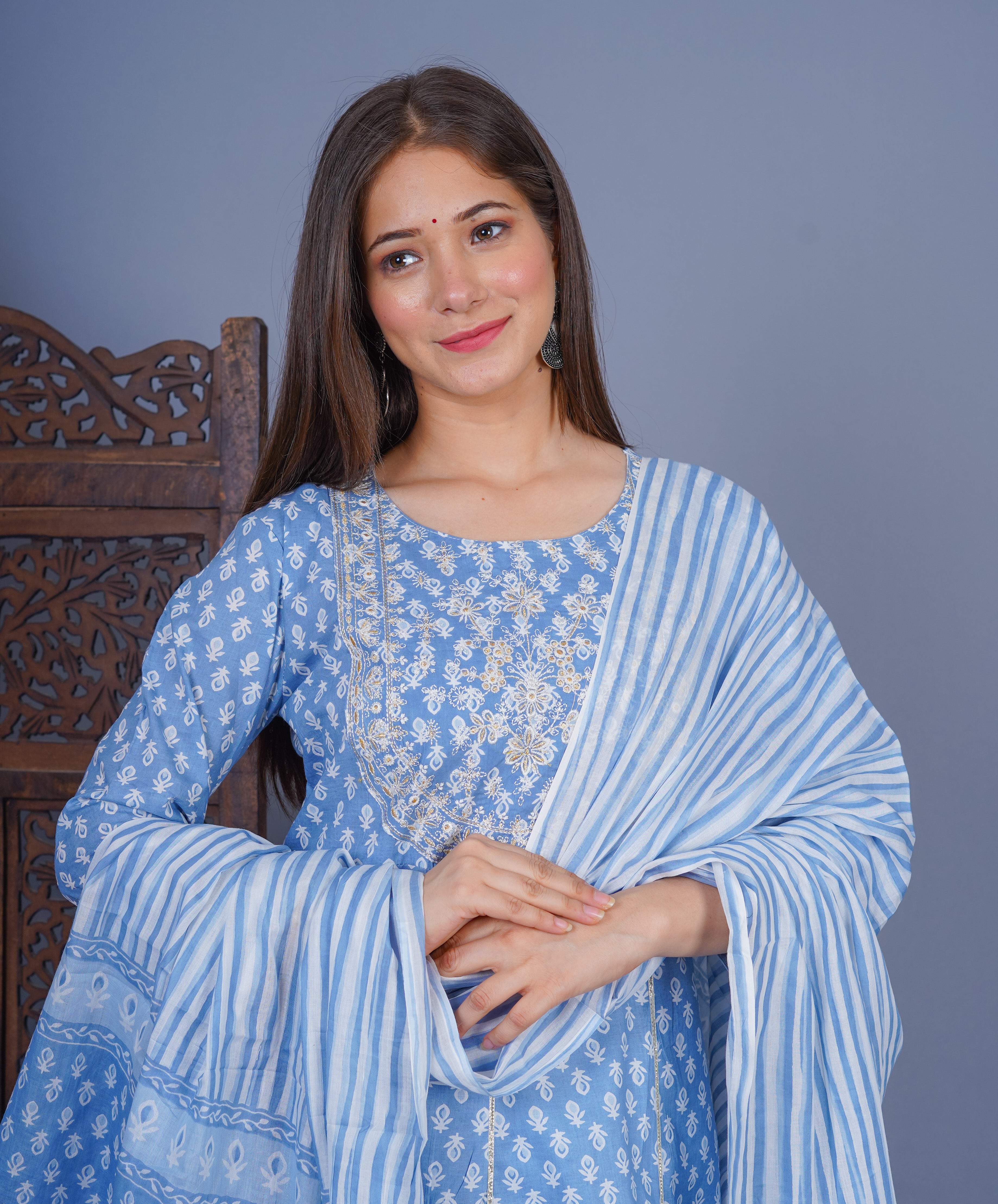 MEERA FAB Women's Cotton Printed Anarkali Kurta With Palazzo & Dupatta Set With Handwork