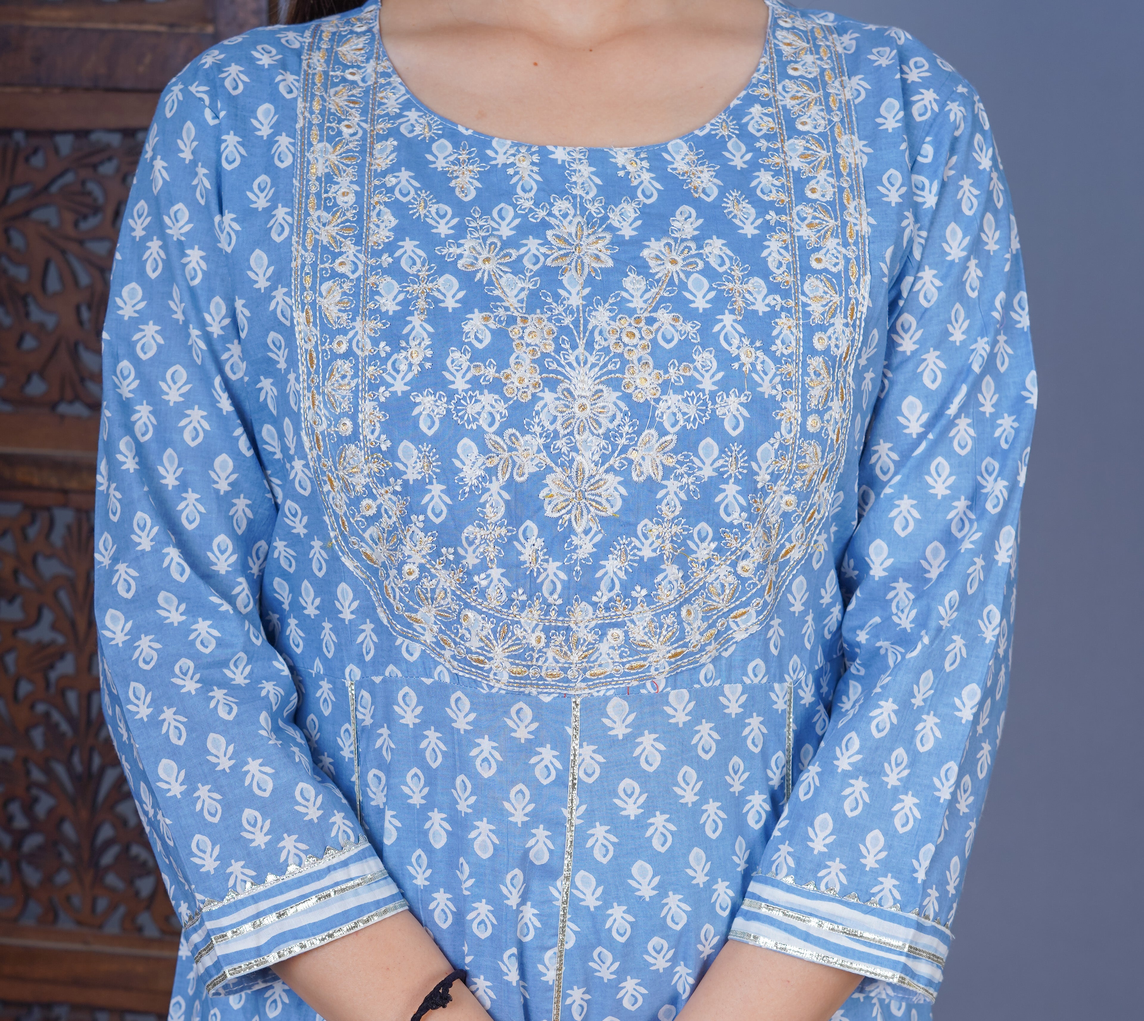 MEERA FAB Women's Cotton Printed Anarkali Kurta With Palazzo & Dupatta Set With Handwork