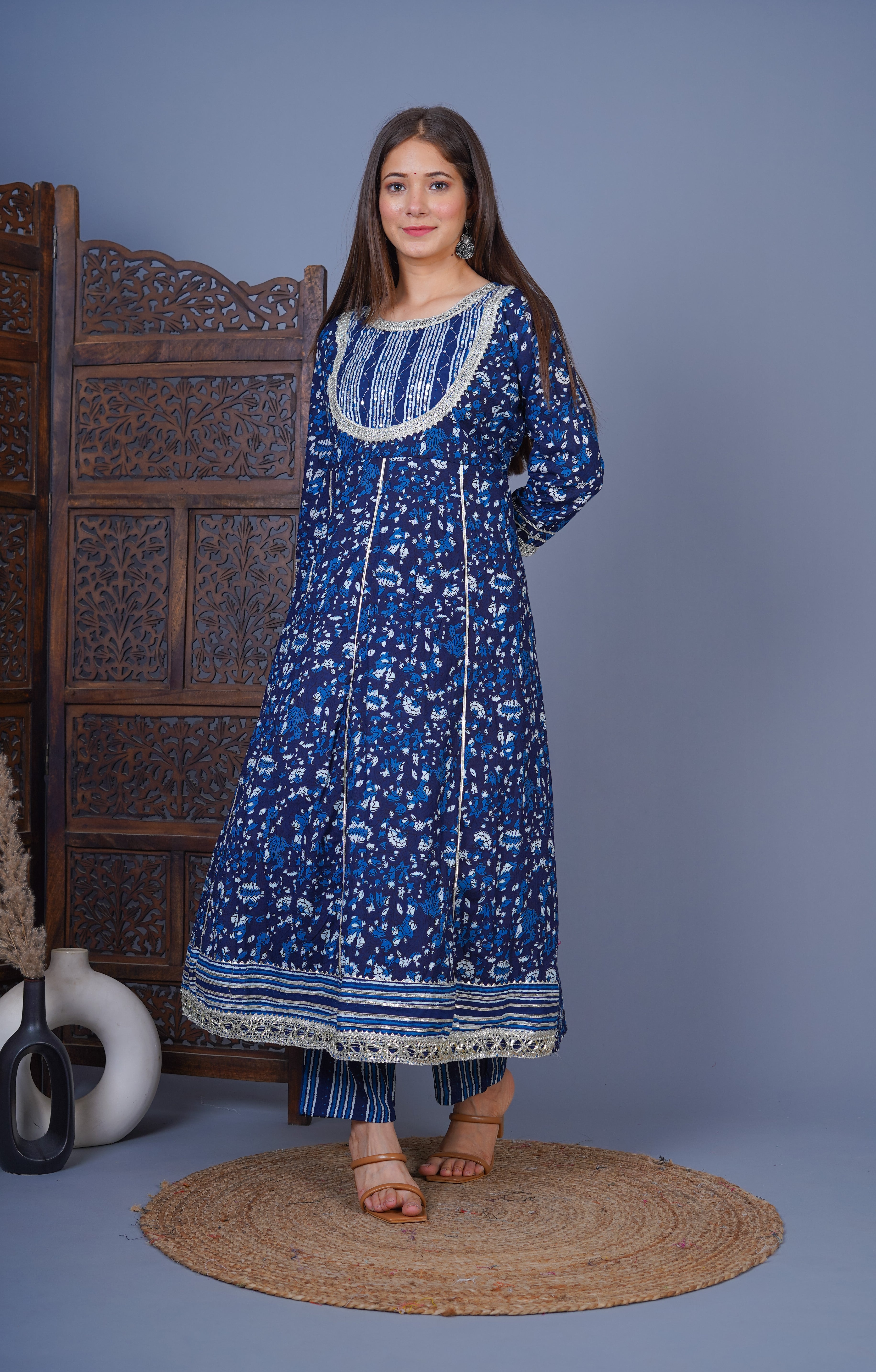 MEERA FAB Women's Cotton Floral Printed Blue Anarkali Kurta with Palazzo & Dupatta Set MF-230