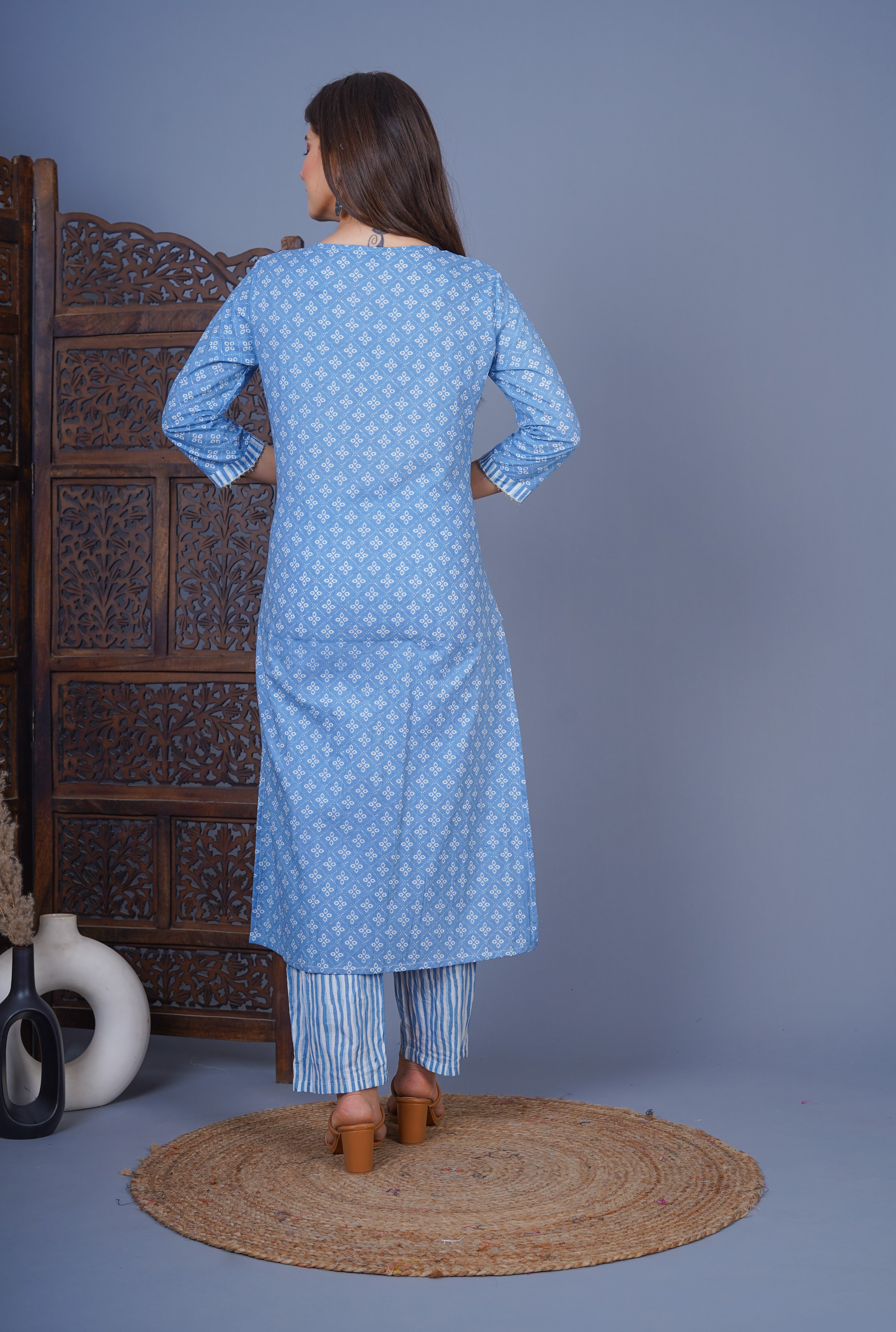 MEERA FAB Women's Cotton Printed Straight Kurta with Palazzo & Dupatta Set with Handwork