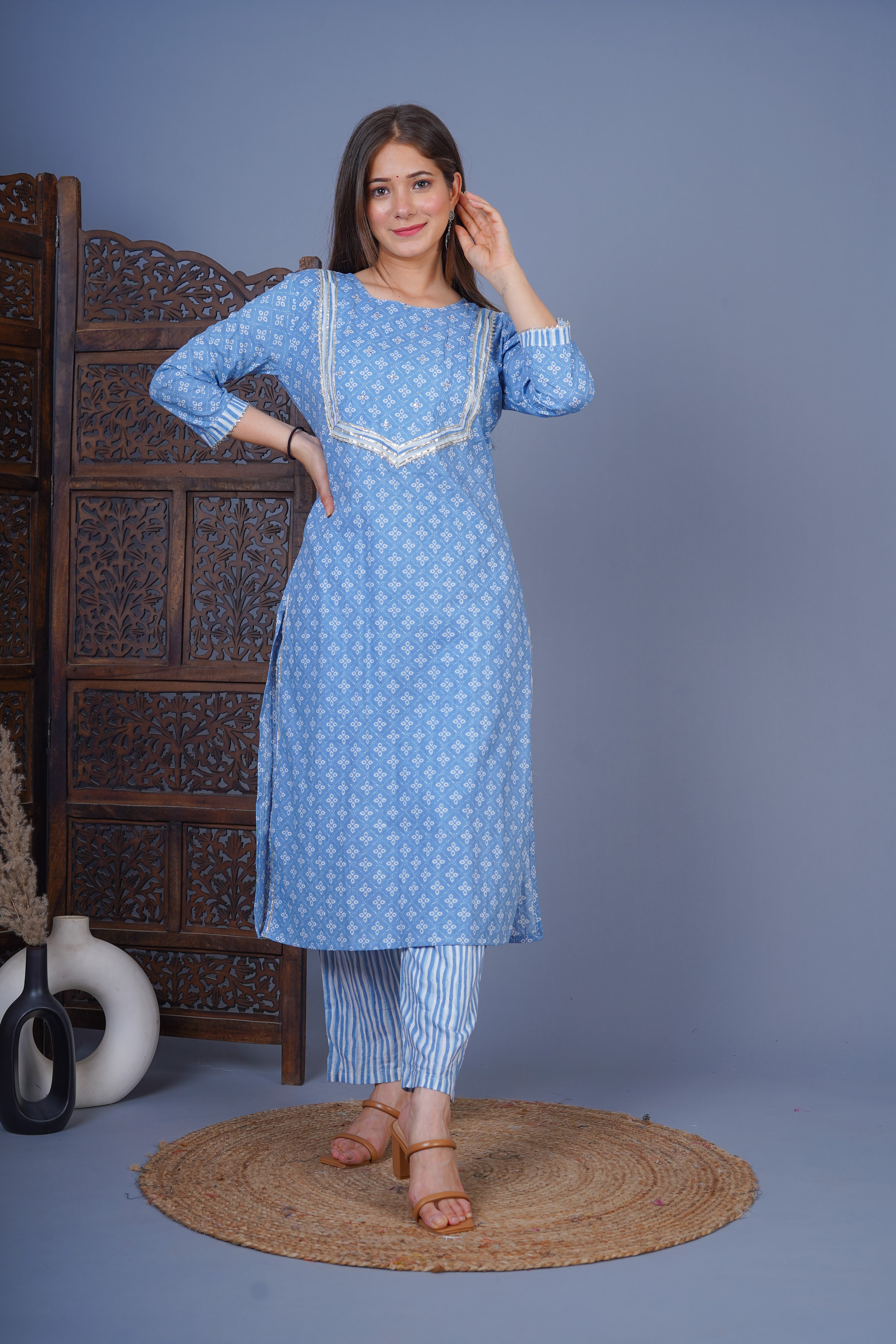 MEERA FAB Women's Cotton Printed Straight Kurta with Palazzo & Dupatta Set with Handwork