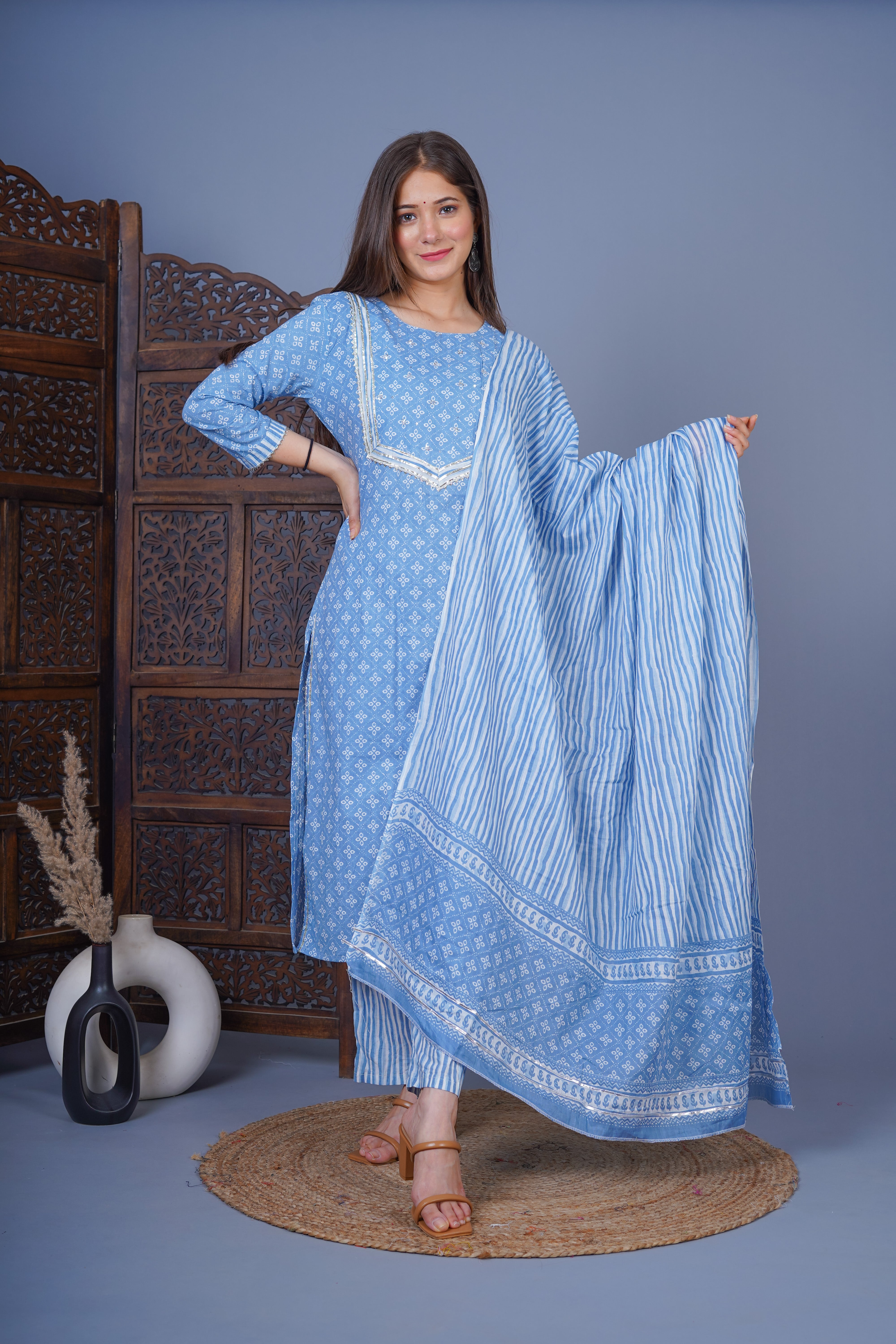 MEERA FAB Women's Cotton Printed Straight Kurta with Palazzo & Dupatta Set with Handwork
