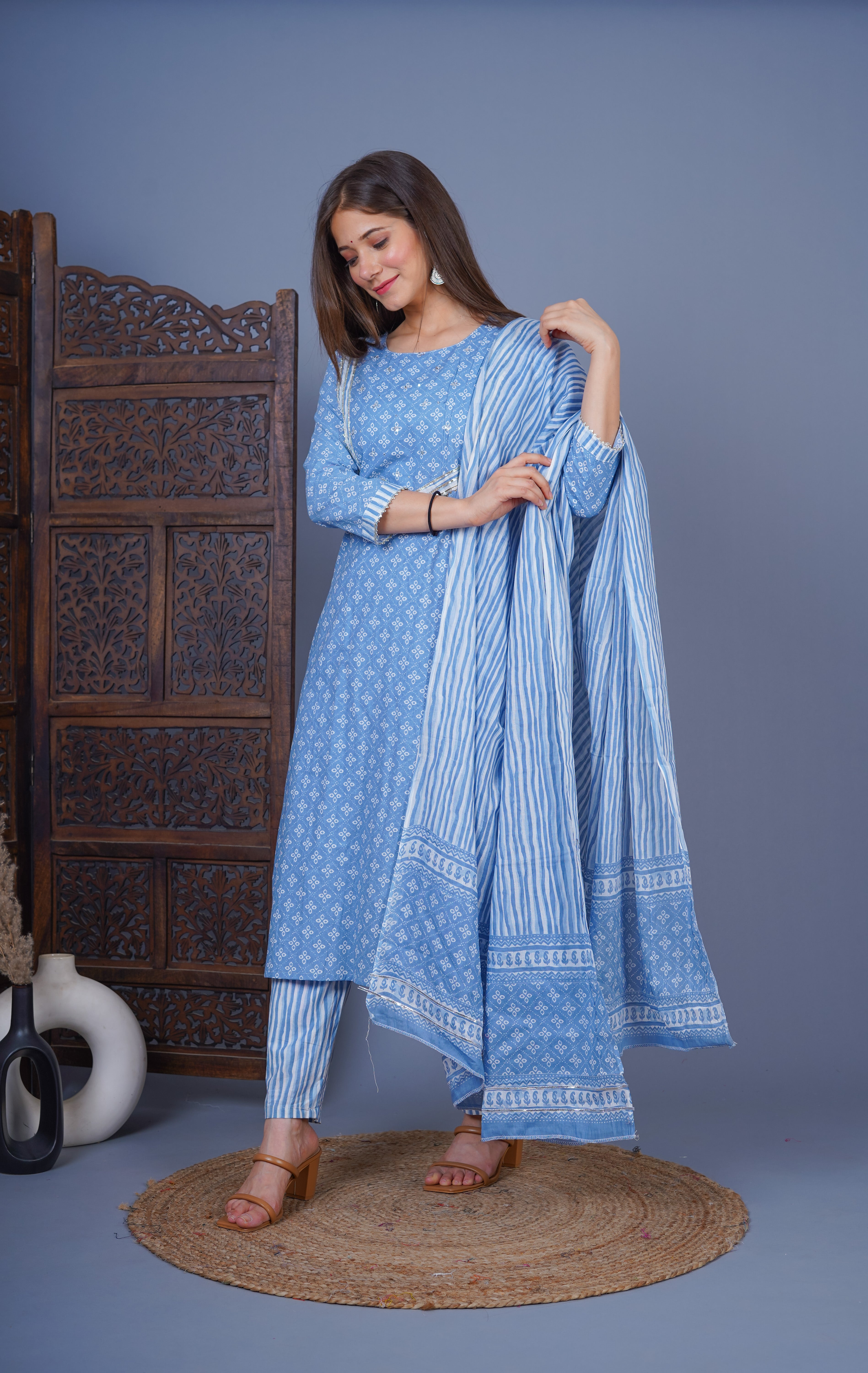 MEERA FAB Women's Cotton Printed Straight Kurta with Palazzo & Dupatta Set with Handwork