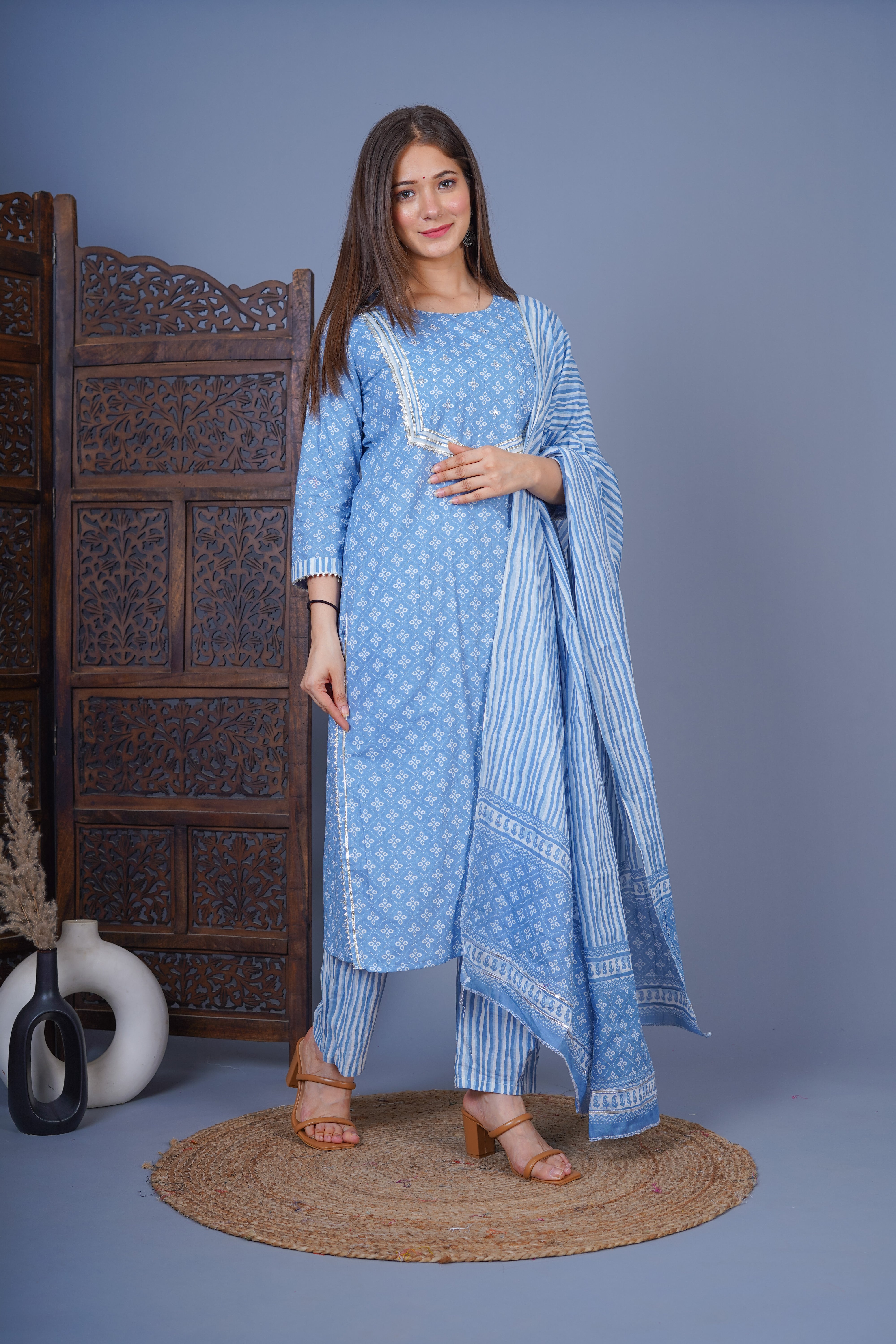 MEERA FAB Women's Cotton Printed Straight Kurta with Palazzo & Dupatta Set with Handwork
