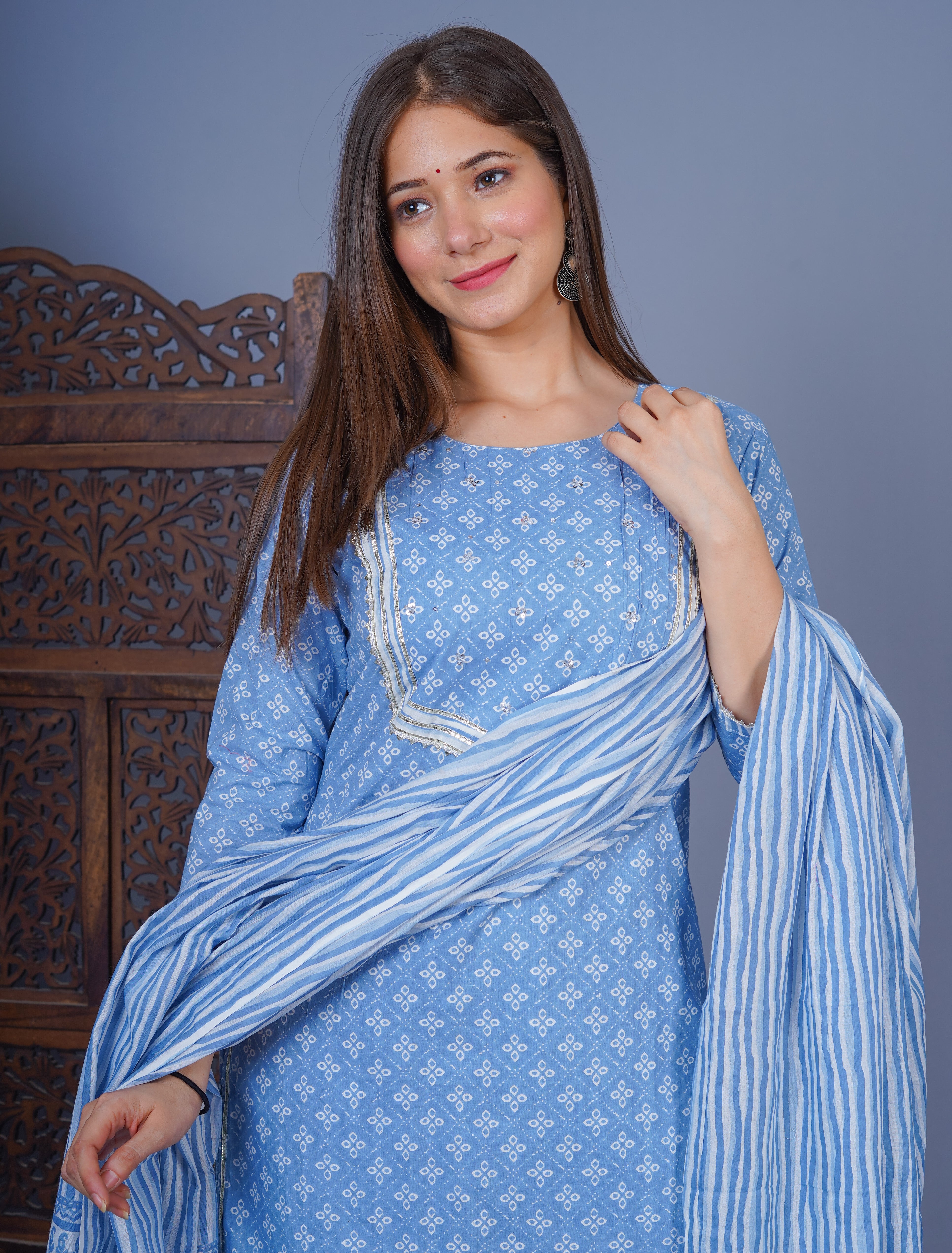 MEERA FAB Women's Cotton Printed Straight Kurta with Palazzo & Dupatta Set with Handwork