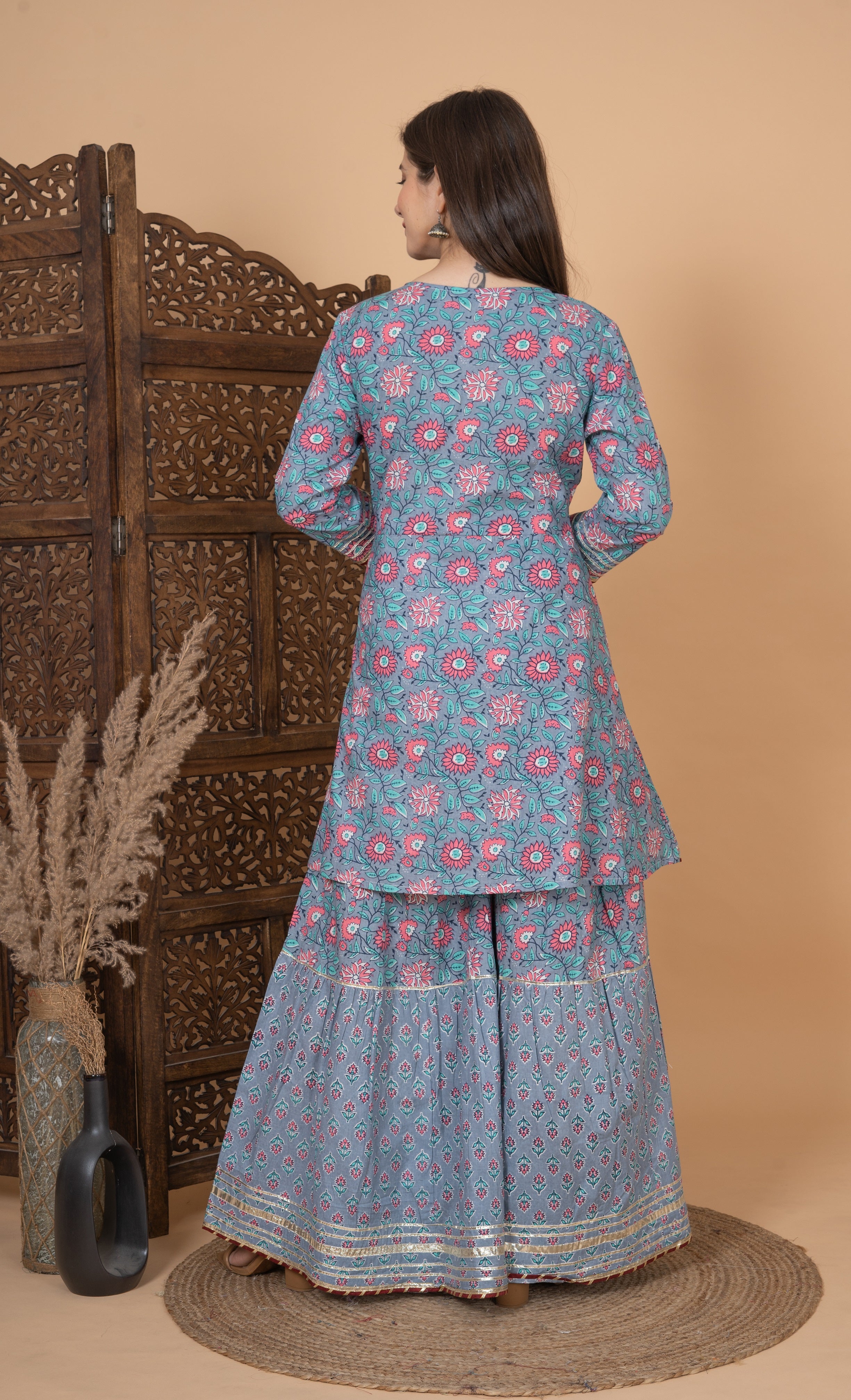 MEERA FAB Women Cotton Festive Embroidery Printed Kurta With Sharara & Dupatta