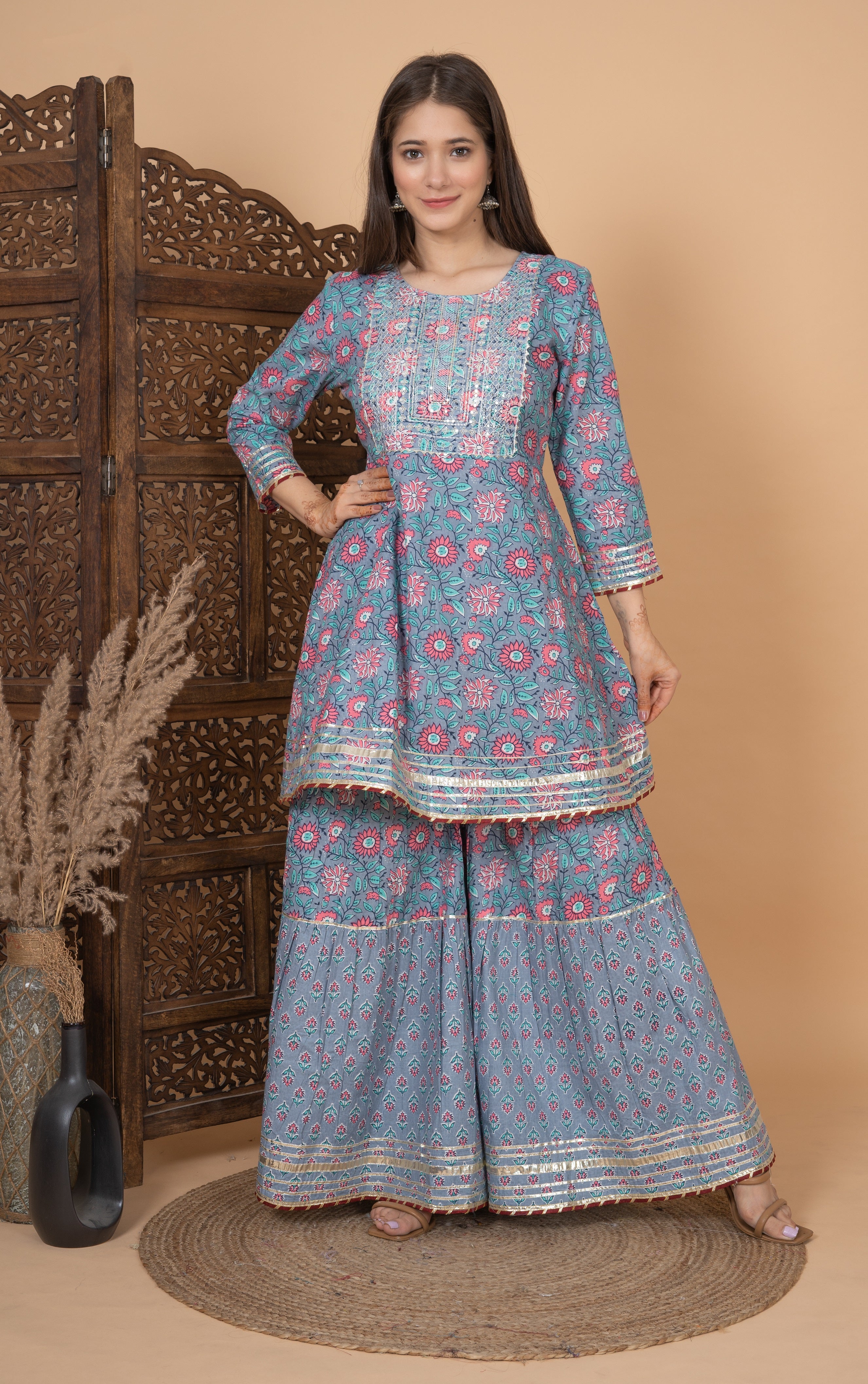 MEERA FAB Women Cotton Festive Embroidery Printed Kurta With Sharara & Dupatta