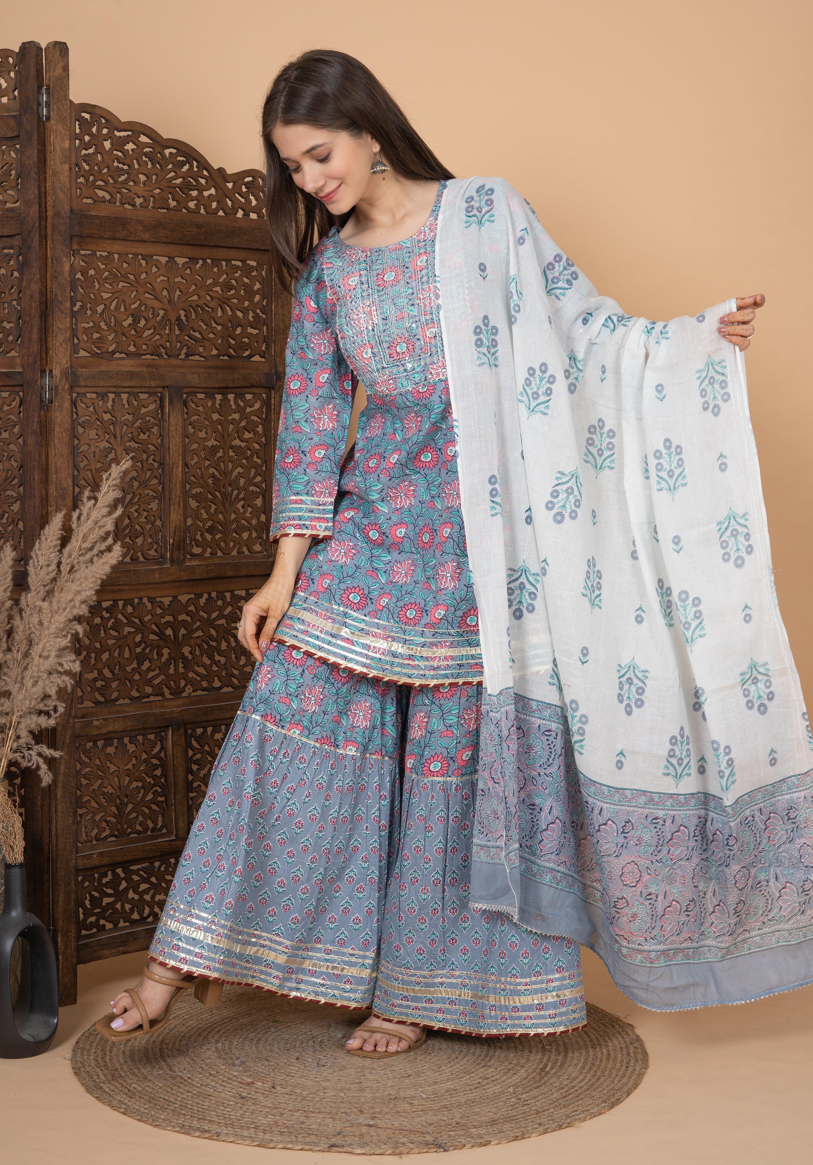 MEERA FAB Women Cotton Festive Embroidery Printed Kurta With Sharara & Dupatta