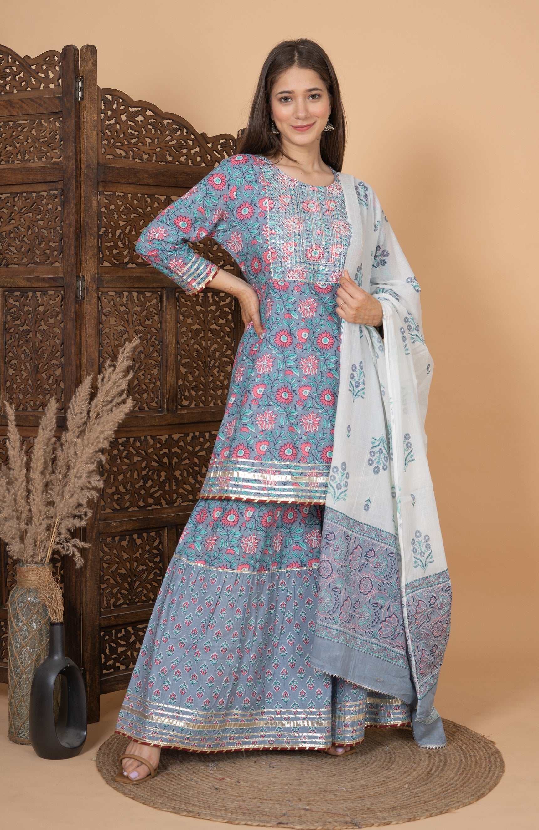 MEERA FAB Women Cotton Festive Embroidery Printed Kurta With Sharara & Dupatta