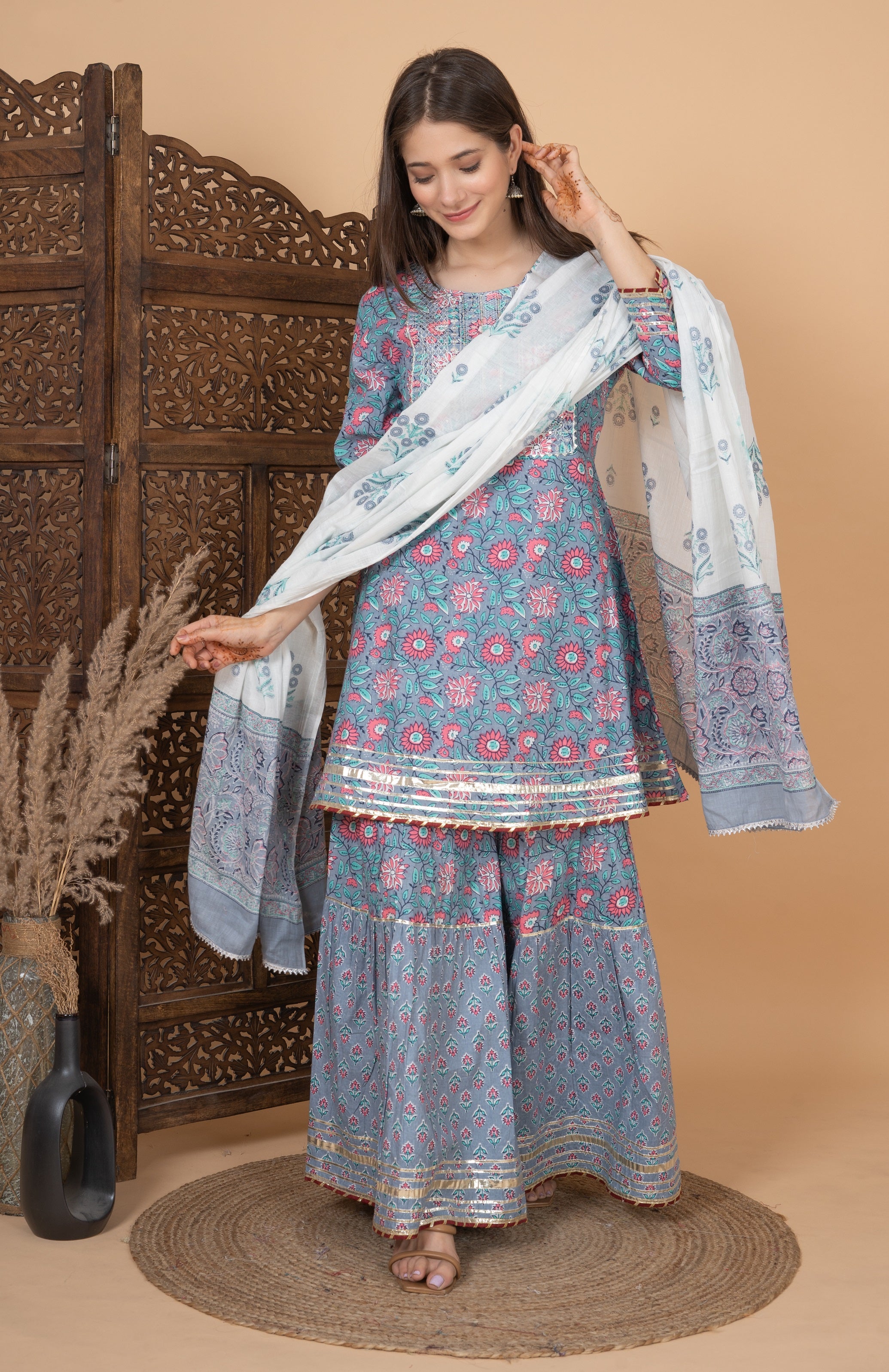 MEERA FAB Women Cotton Festive Embroidery Printed Kurta With Sharara & Dupatta