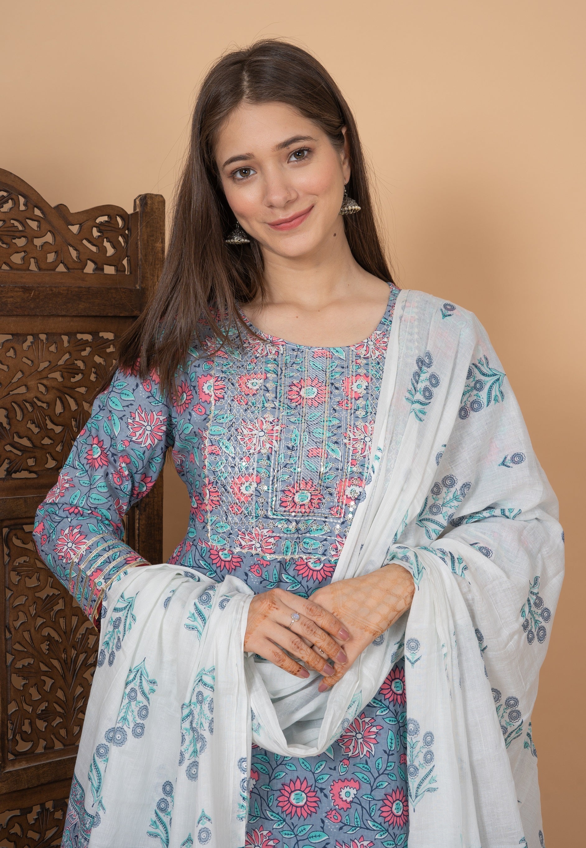 MEERA FAB Women Cotton Festive Embroidery Printed Kurta With Sharara & Dupatta