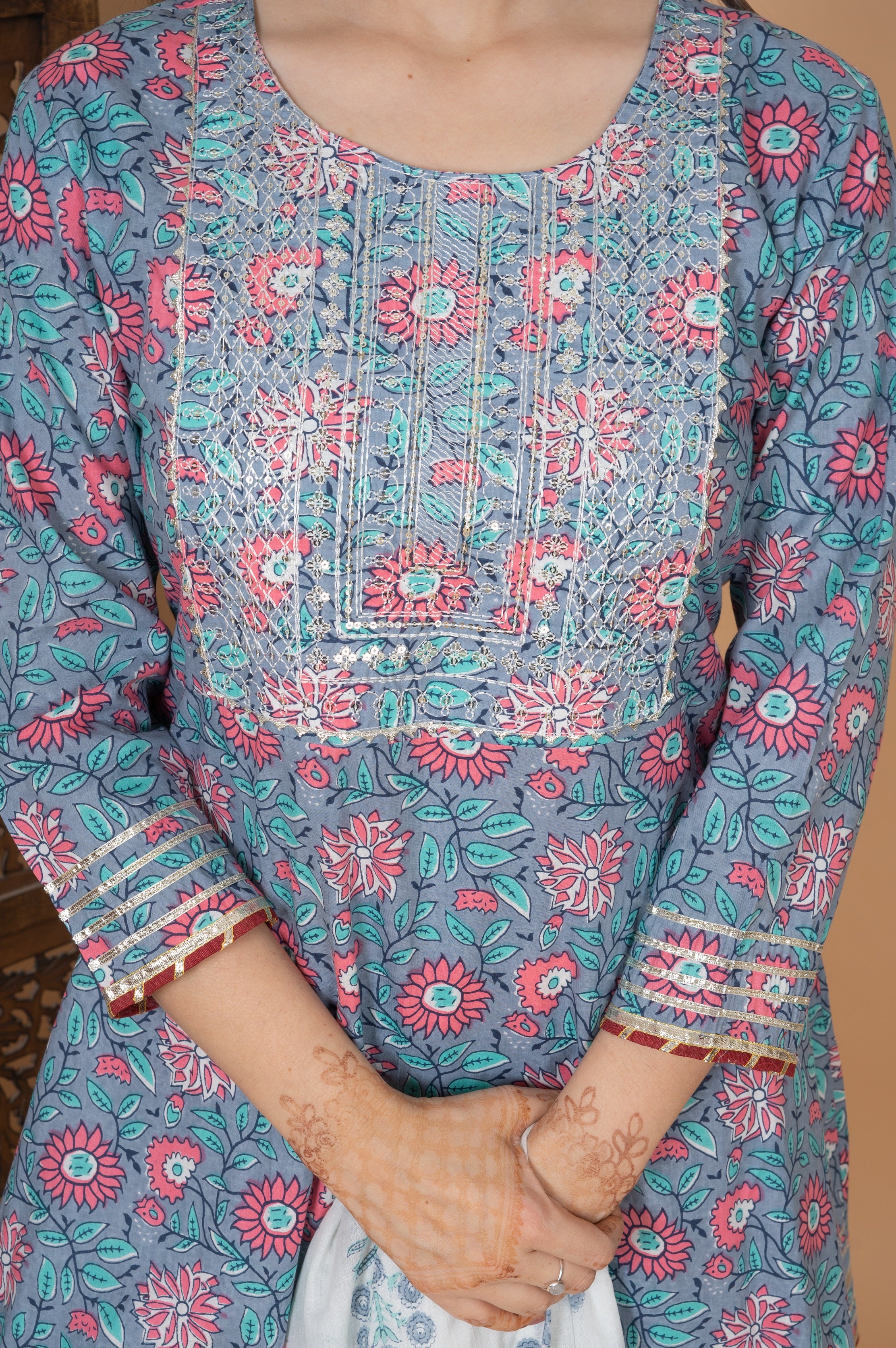 MEERA FAB Women Cotton Festive Embroidery Printed Kurta With Sharara & Dupatta