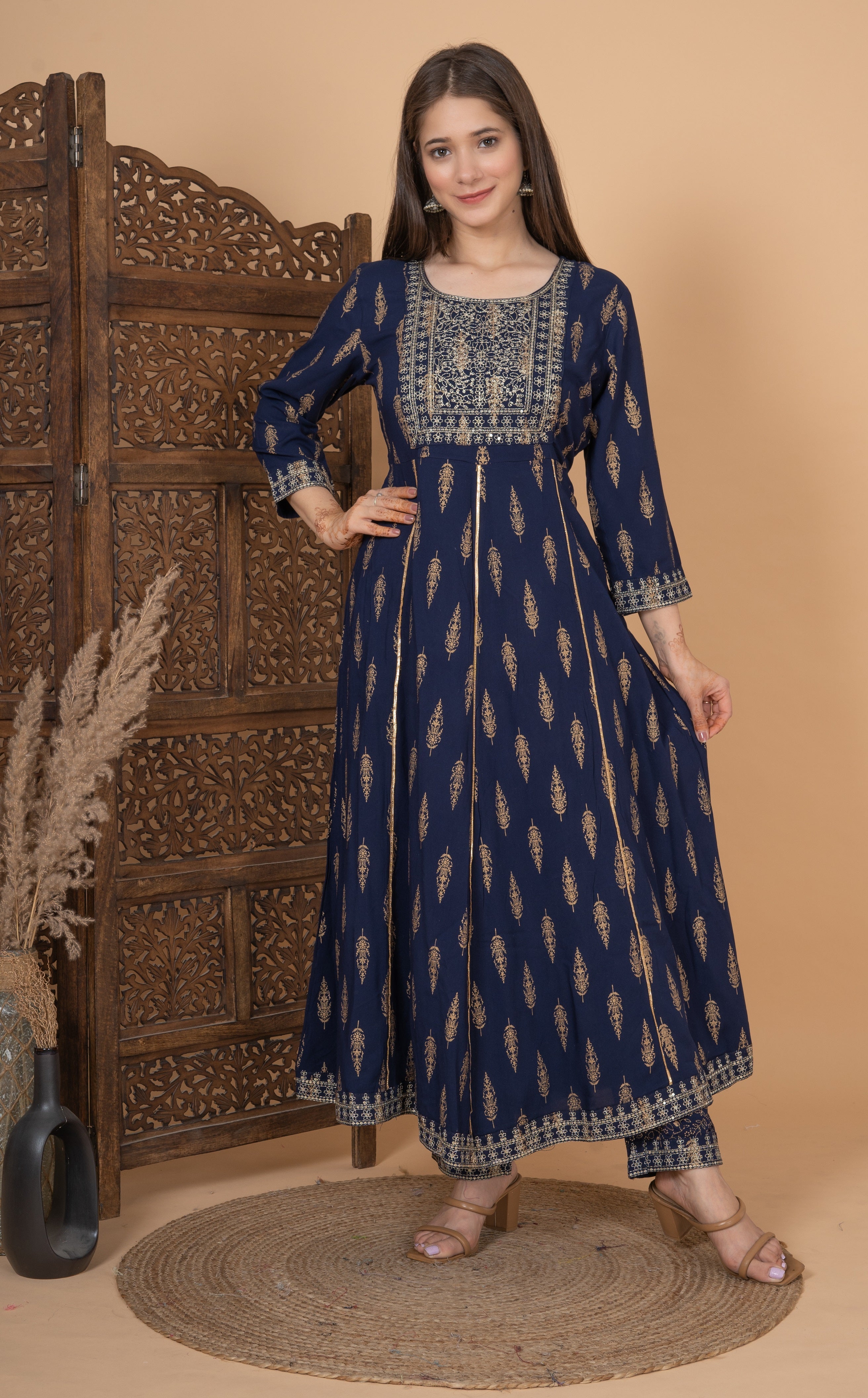 MEERA FAB Women's Rayon Printed Blue Anarkali Kurta with Palazzo & Dupatta Set