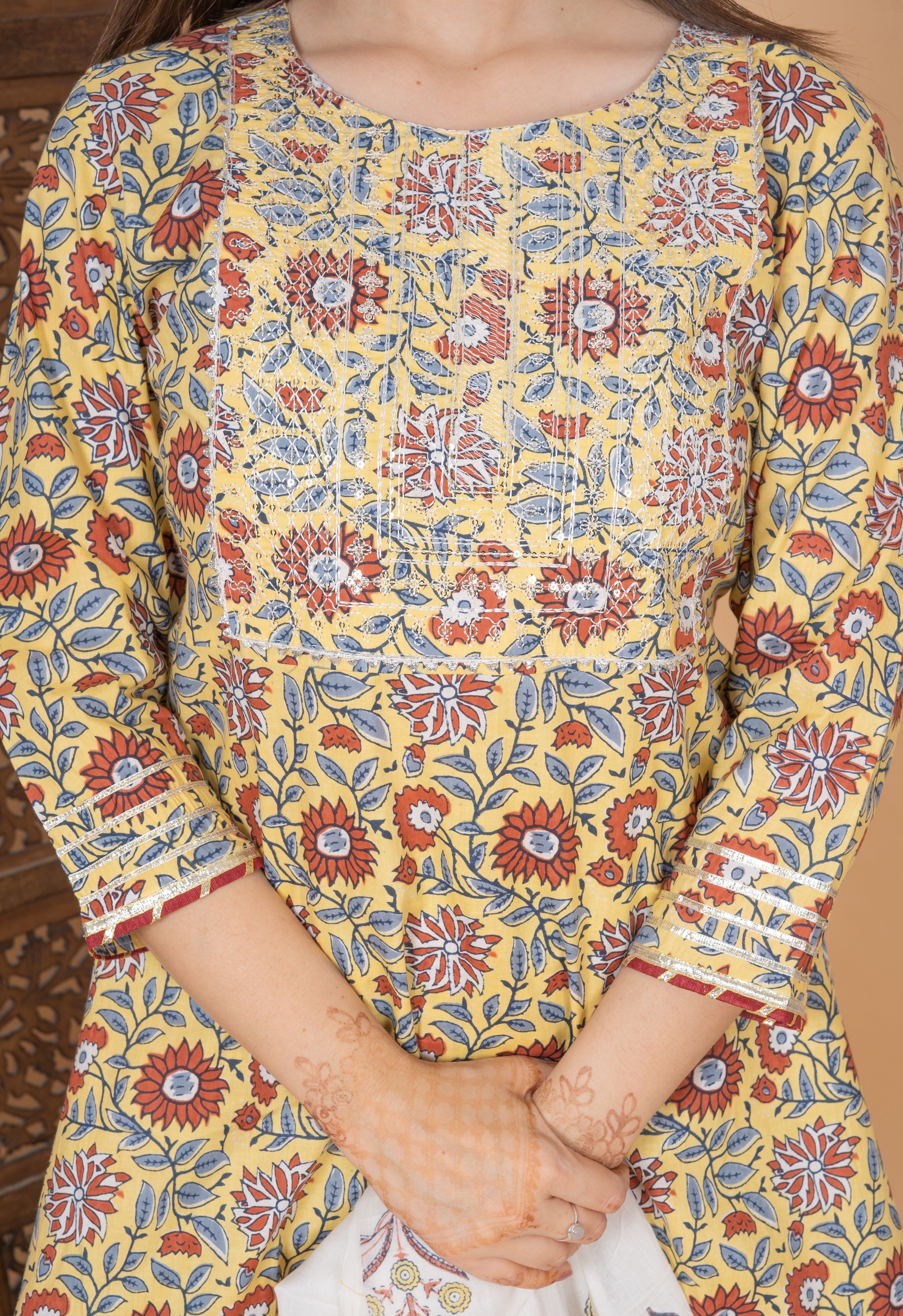 MEERA FAB Women Cotton Festive Embroidery Printed Kurta With Sharara & Dupatta