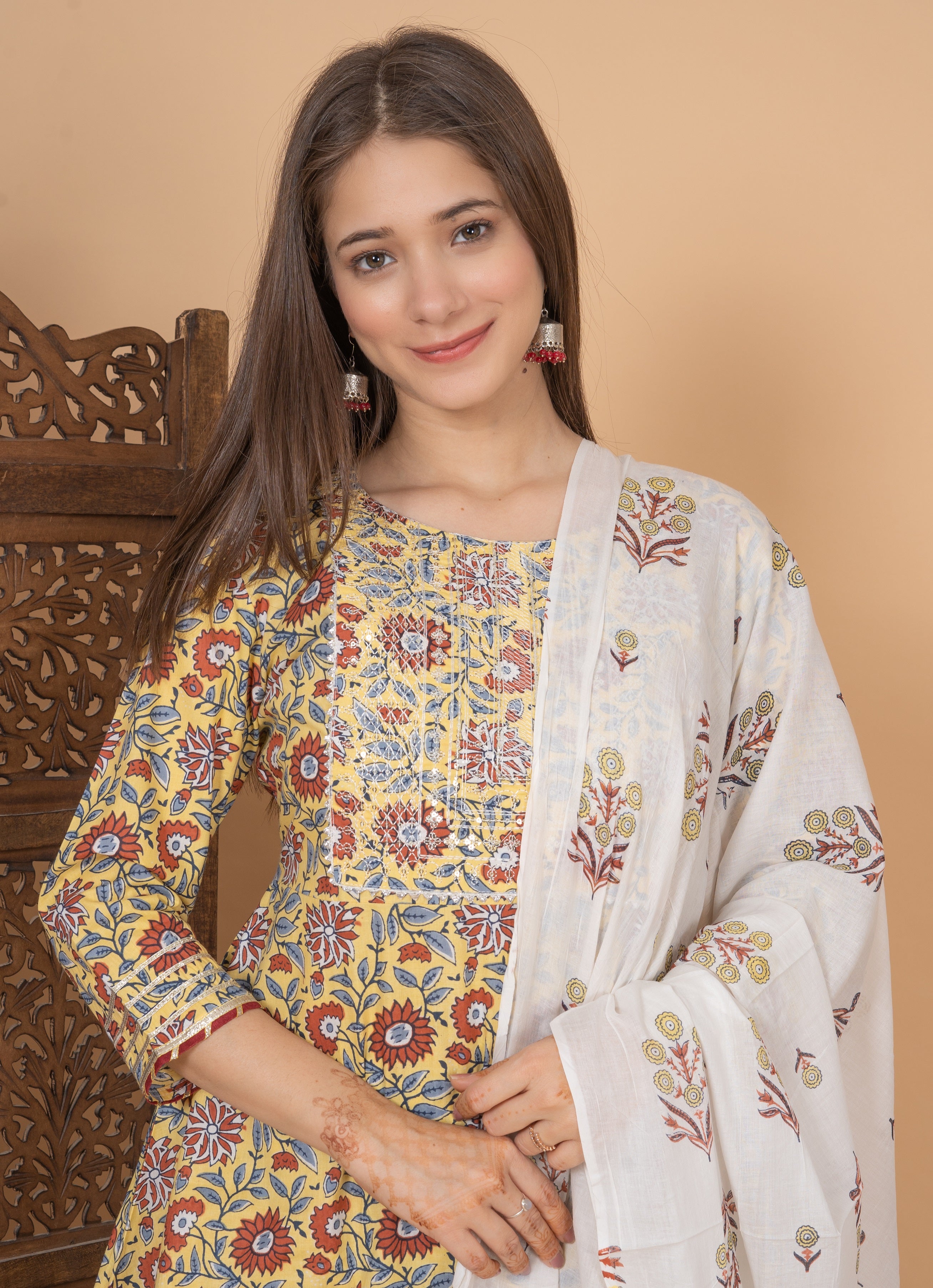 MEERA FAB Women Cotton Festive Embroidery Printed Kurta With Sharara & Dupatta