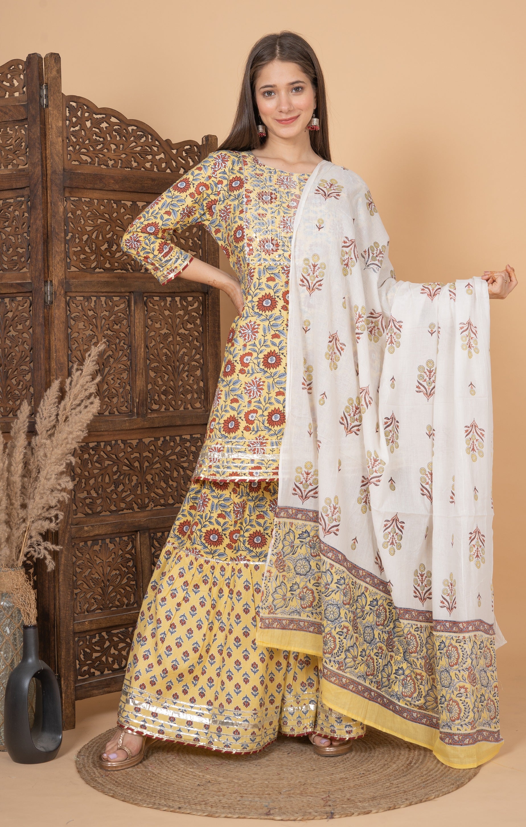 MEERA FAB Women Cotton Festive Embroidery Printed Kurta With Sharara & Dupatta