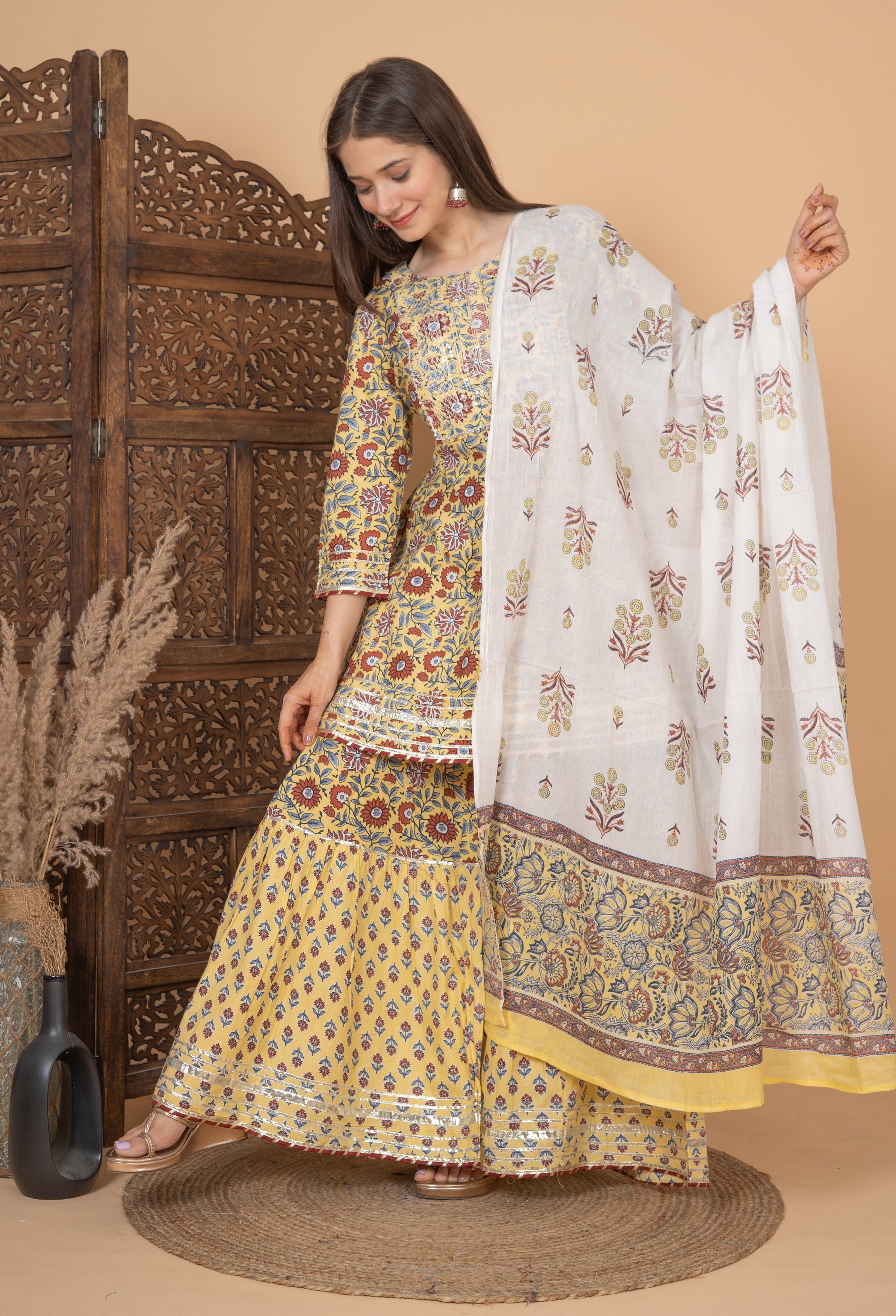 MEERA FAB Women Cotton Festive Embroidery Printed Kurta With Sharara & Dupatta