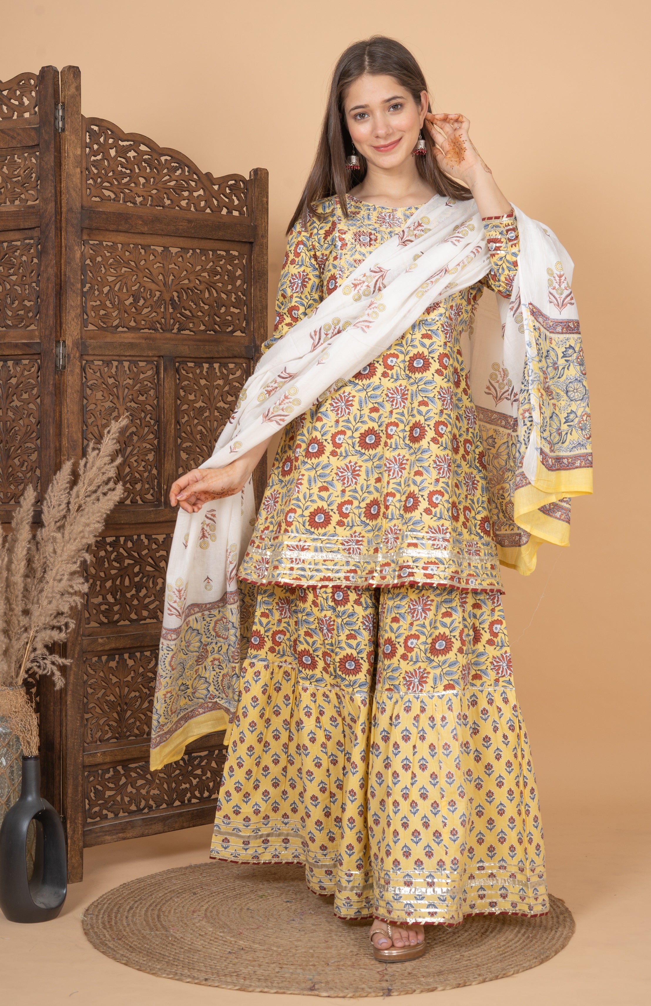 MEERA FAB Women Cotton Festive Embroidery Printed Kurta With Sharara & Dupatta